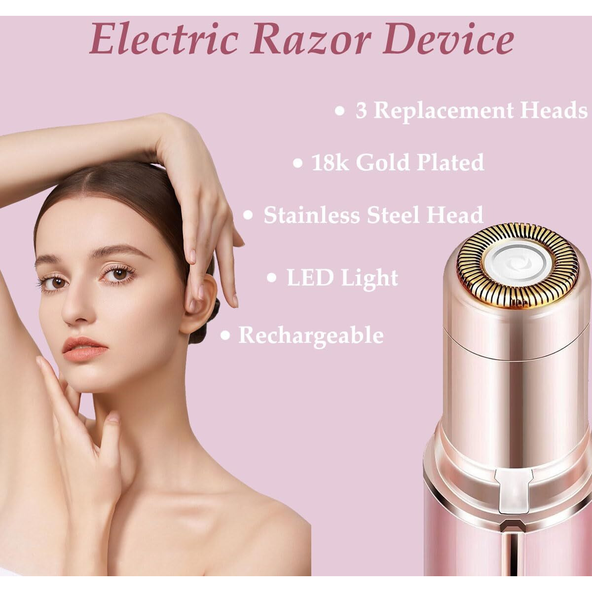 Women Facial Hair Removal Device, Electric Face Shaver, Portable Face Razor, Rechargeable Painless Hair Remover With 3 Replacement Heads For Face, Upper Lip Chin (White)