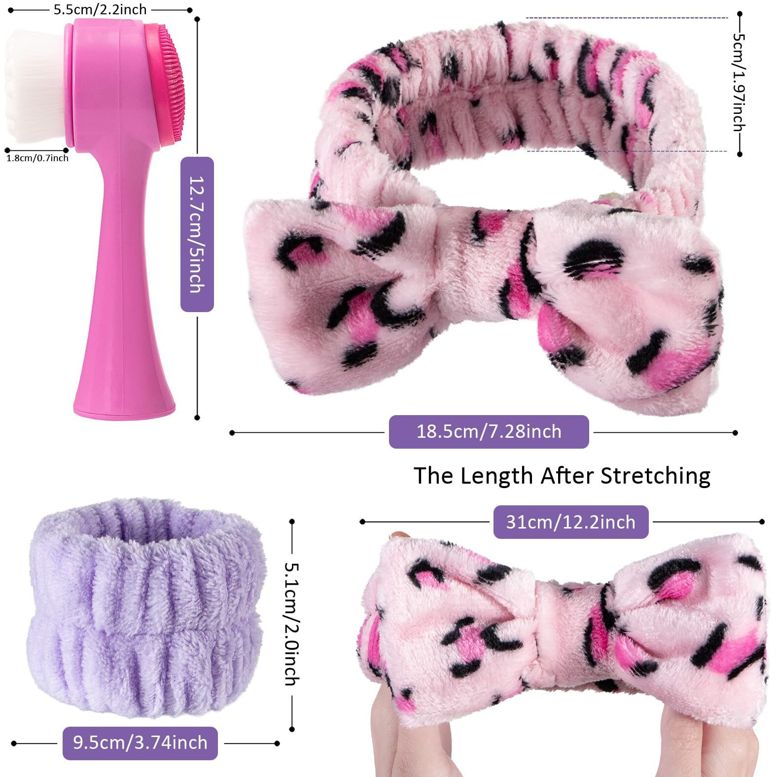 Beomeen Facial Cleansing Brush 2 In 1, Silicone Face Scrubber Dual Face Brush For Deep Pore Cleansing And Exfoliating, Skincare Headband And Wristbands Set For Washing Face Massaging Spa Makeup,Purple