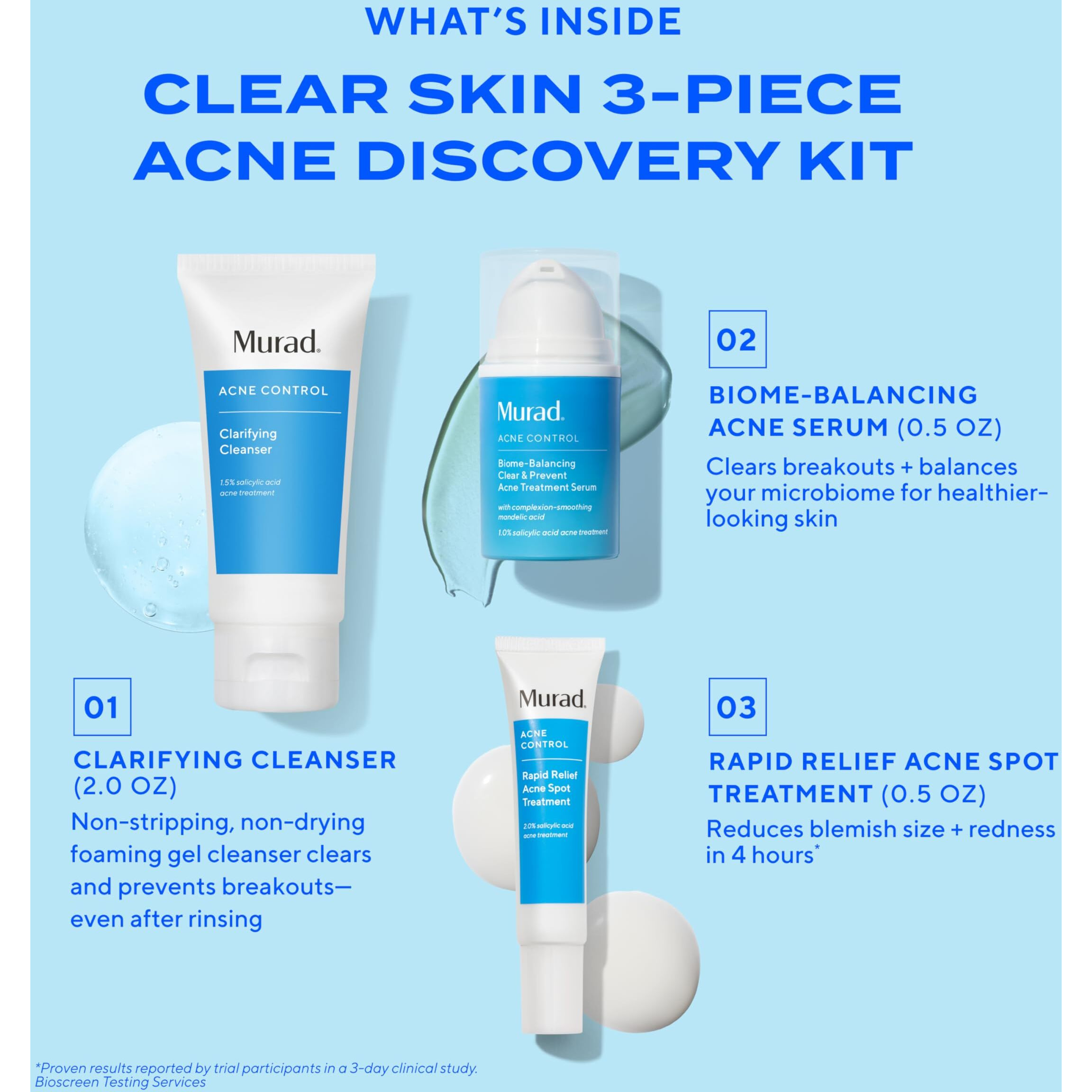 Acne Treatment Trial Kit - Salicylic Acid & Mandelic Acid For Clear Skin - Oil Control, Spot Treatment & Cleanser - Travel Size Skincare For Acne-Prone Skin (3-Piece Clear Skin Kit)