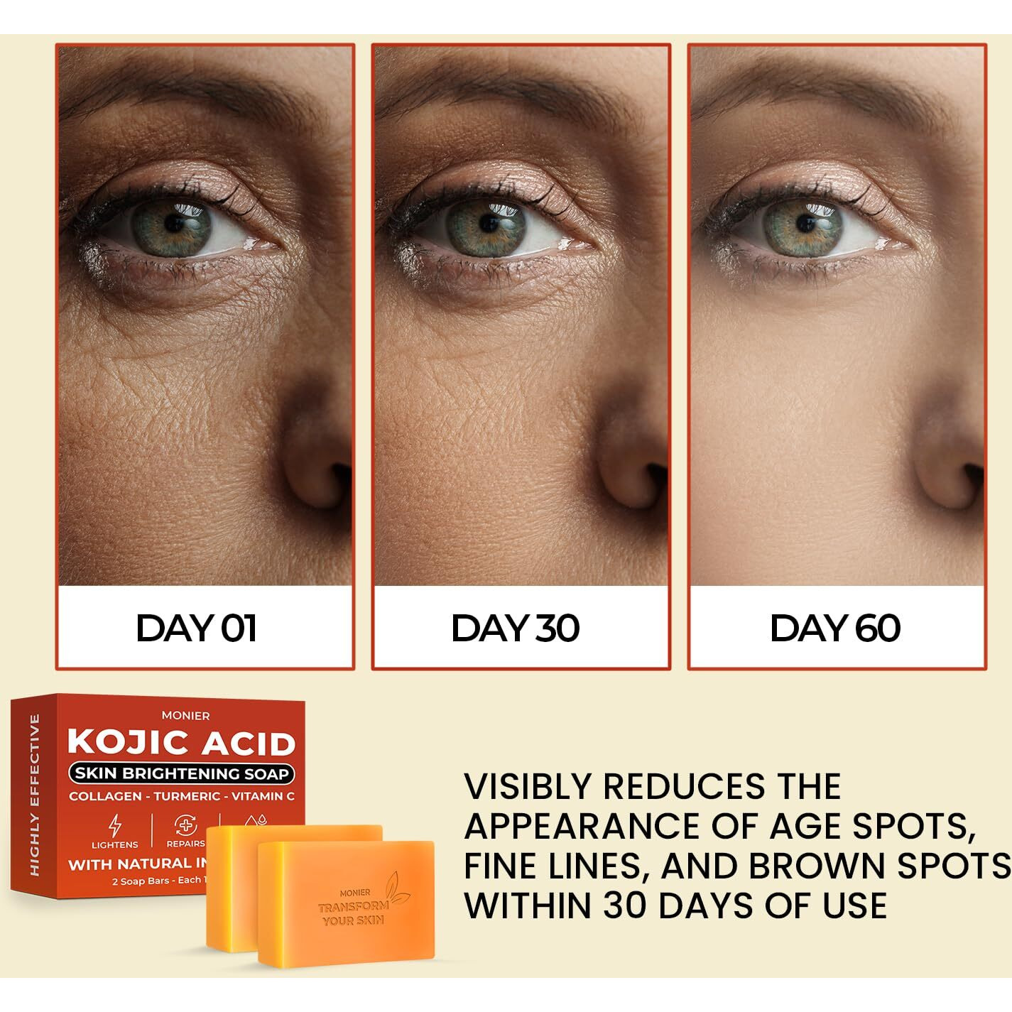 Kojic Acid Soap - Dark Spot Remover Soap Bars - With Collagen, Turmeric, Coconut Oil, Vitamin C, Vitamin E - Moisturizing & Nourishing - Original Japanese Complex