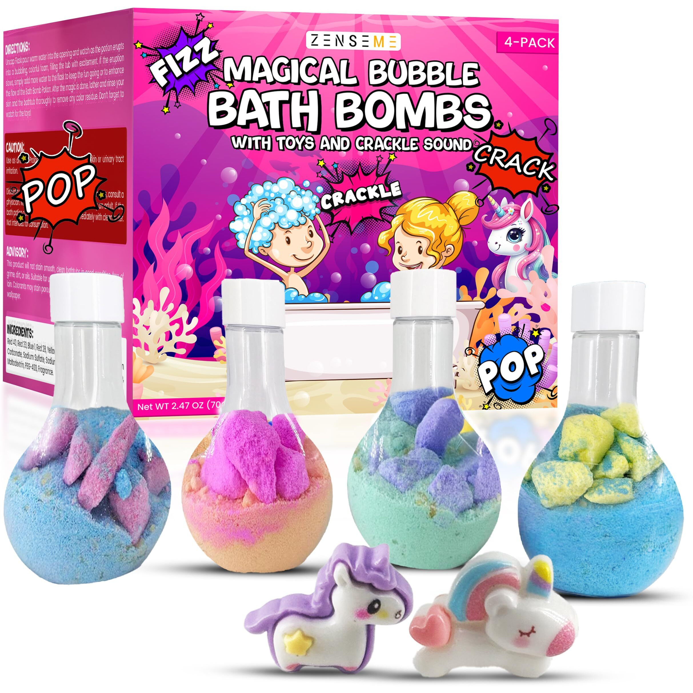 Kids Bath Bombs Powder With 12 Mini Unicorn Toys Inside - Bubble Potions For Kids With Natural Essential Oils - Bubble Bath Magic Science Kit - Blast Of Fizzy Foamy & Eruption Colors - Gift Set Of 4