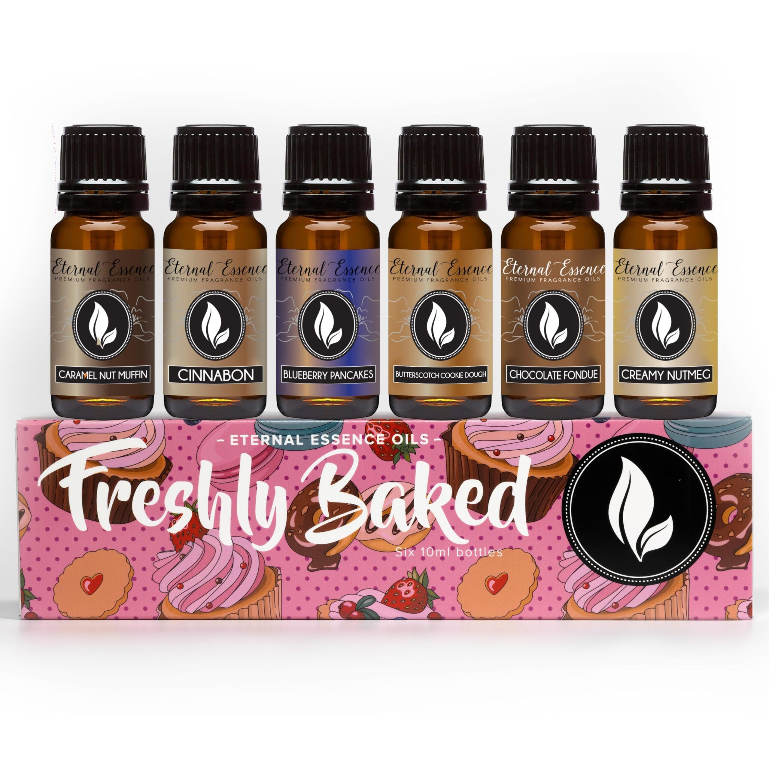Eternal Essence Oils Freshly Baked Set Of 6 Premium Fragrance Oils - Includes Blueberry Pancakes, Caramel Nut Muffin, Butterscotch Cookie Dough, Cinnabon, Chocolate Fondue, And Creamy Nutmeg - 10Ml