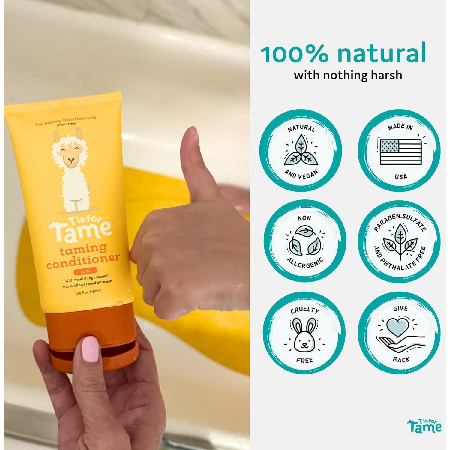 T Is For Tame Taming Conditioner For Kids - Natural Curly Hair Conditioner With Jojoba & Sunflower Oil - Detangles, Softens & Controls Frizz - Plant-Based, Vegan & Hypoallergenic - 5.07 Fl Oz