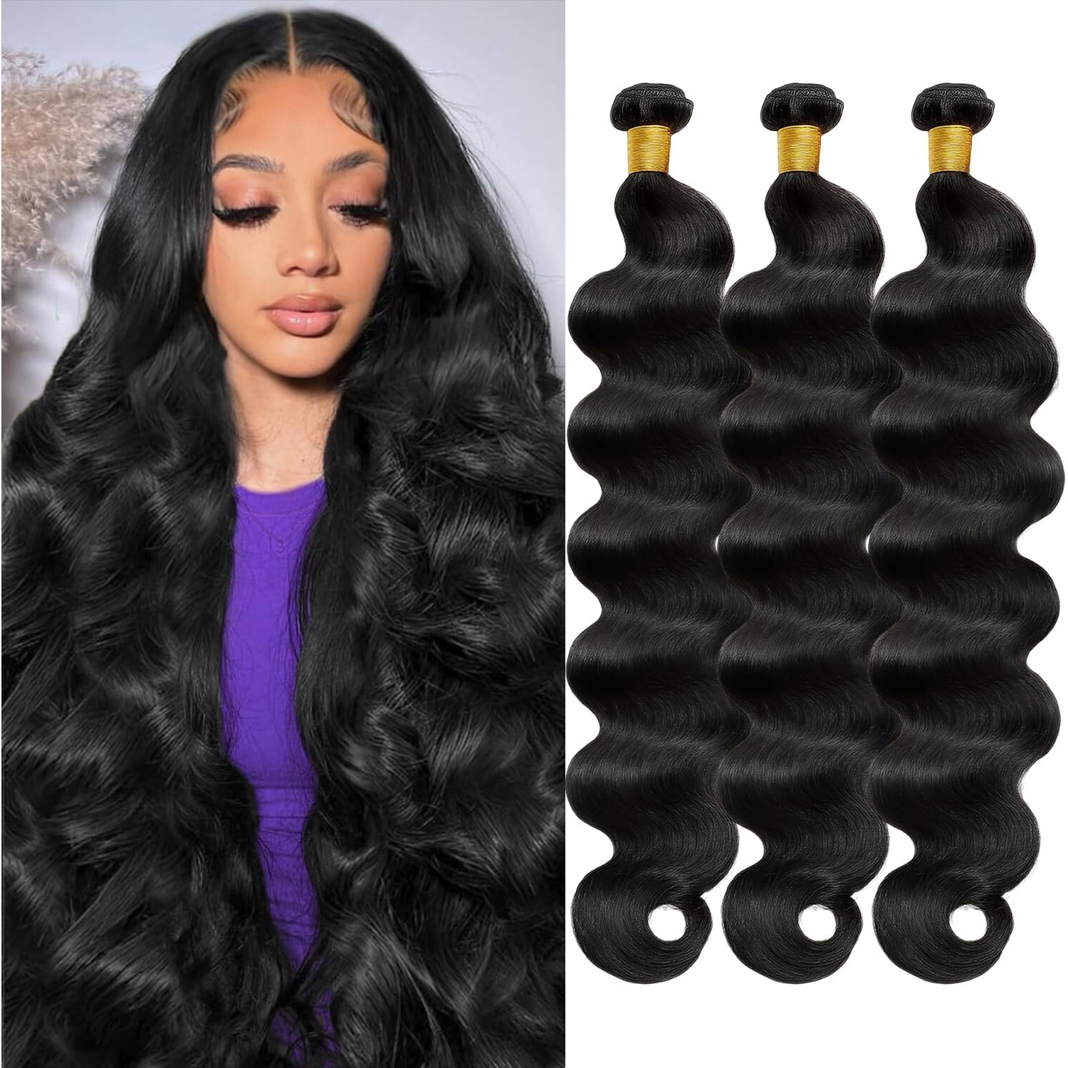 Gearina 12A Human Hair Bundles 12 14 16 Inch Body Wave Bundles Human Hair 100% Unprocessed Brazilian Virgin 3 Weave Extensions Real Hair For Women Natural Black