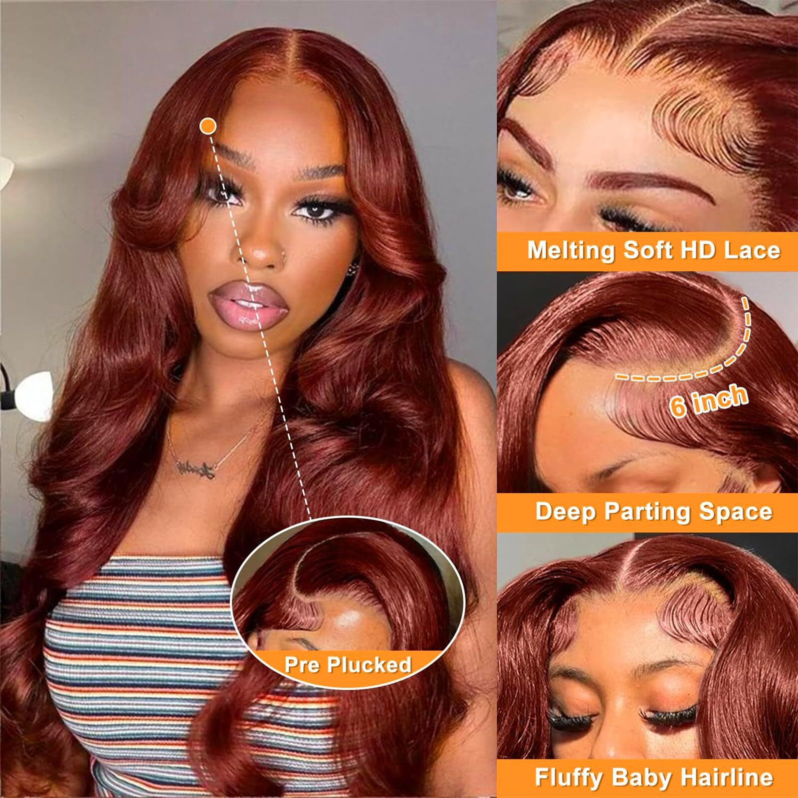 36 Inch Reddish Brown Lace Front Wigs Human Hair Long 13X6 Body Wave Lace Front Wig Human Hair Pre Plucked 180% Density Auburn Hd Full Lace Frontal Wig Wear And Go Glueless Brown Wig For Women