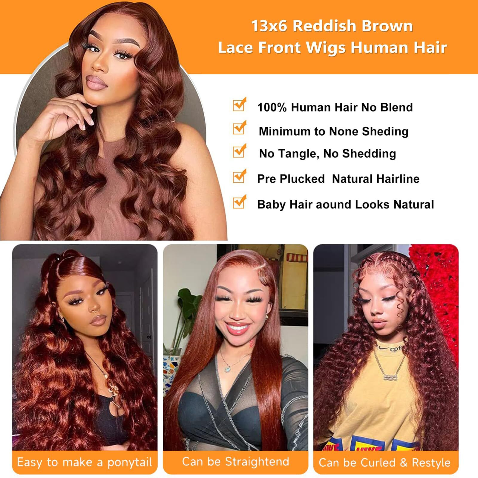 36 Inch Reddish Brown Lace Front Wigs Human Hair Long 13X6 Body Wave Lace Front Wig Human Hair Pre Plucked 180% Density Auburn Hd Full Lace Frontal Wig Wear And Go Glueless Brown Wig For Women