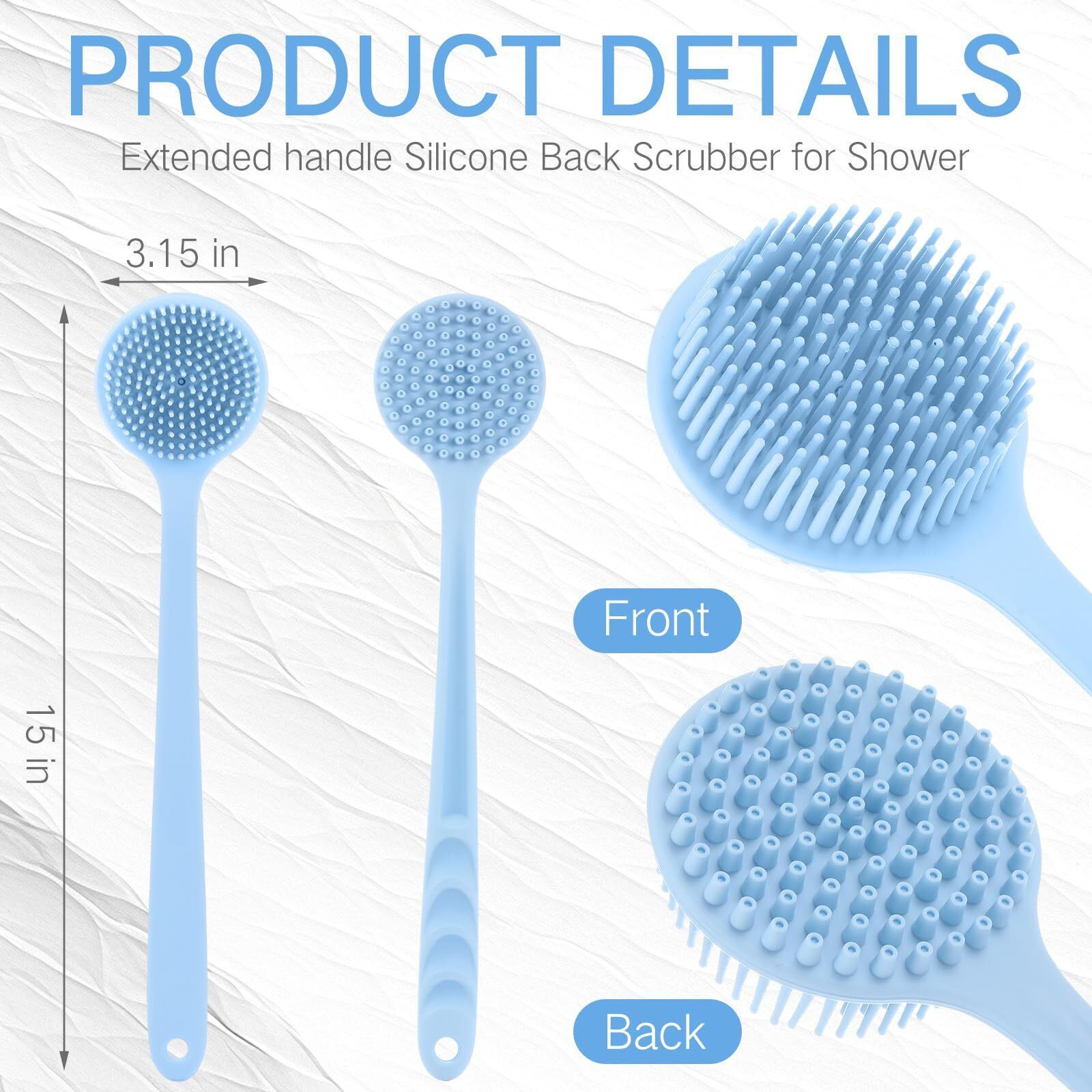 Sunnyray 2 Pack 15 Inch Soft Silicone Back Scrubber With Long Handle, Scrubber Anti Slip For Shower, Bath Body Brush, Improved Skin Health Can Produce Foam For Men And Women(Nordic Blue)