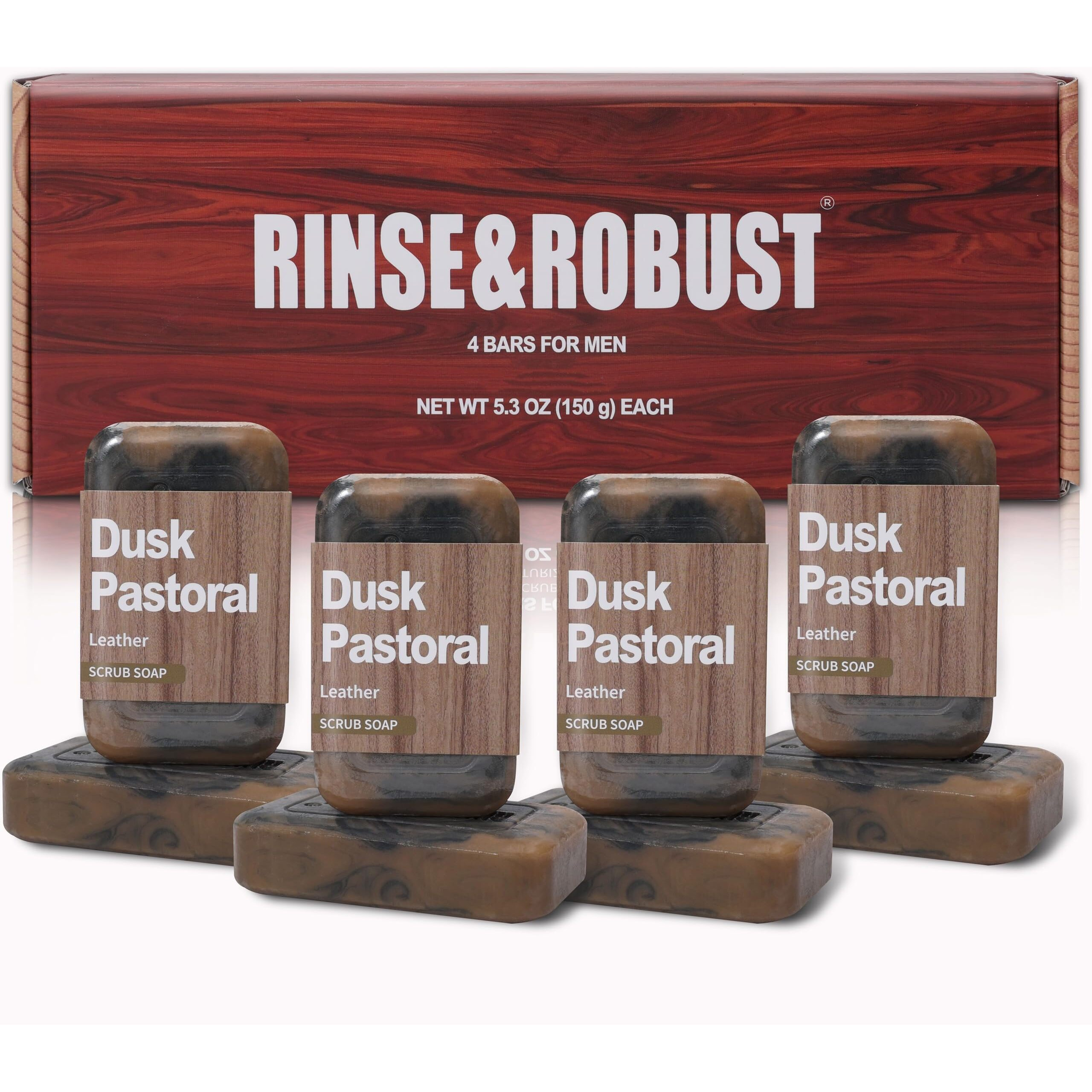 Rinse & Robust Natural Men's Soap Bars 4-Pack - 4-In-1 Exfoliating & Moisturizing Cleansing Bar For Face, Body, Hands & Shaving | All Skin Types | Gift For Him (5.3 Oz Each),Leather Scent