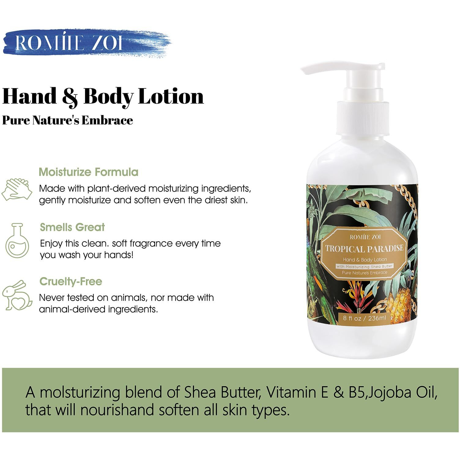 Romiie Zoi Daily Hand & Body Lotion With Moisturizing Shea Butter For All Skin Type- Tropical Paradise - 236 Ml / 8 Fl Oz