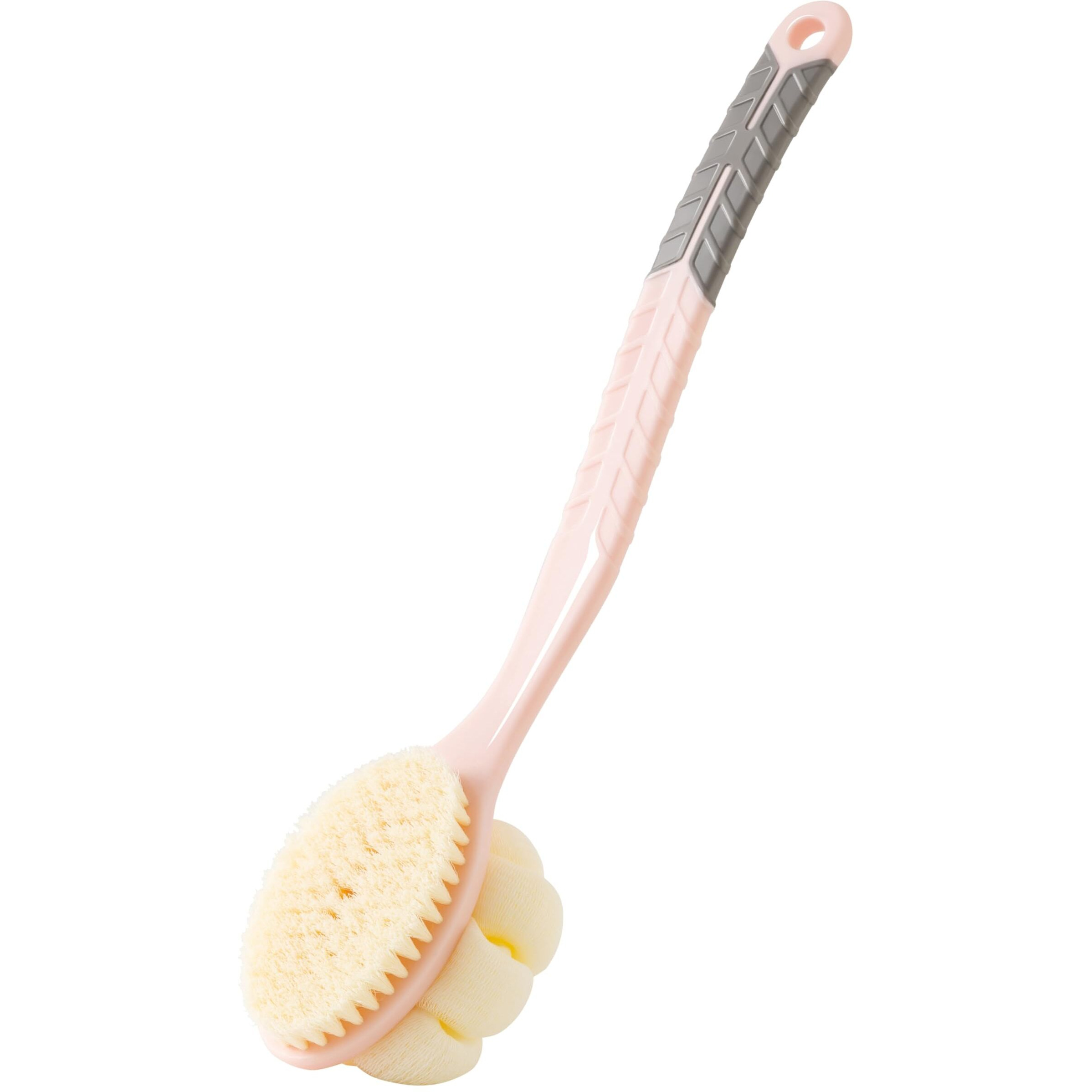 Arswin Shower Body Brush With Bristles And Large Pumpkin Loofah,Back Scrubber Bath Mesh Sponge With Anti-Slip Curved Long Handle For Skin Exfoliating,Massage Bristles For Wet Or Dry,Men Women (Pink)