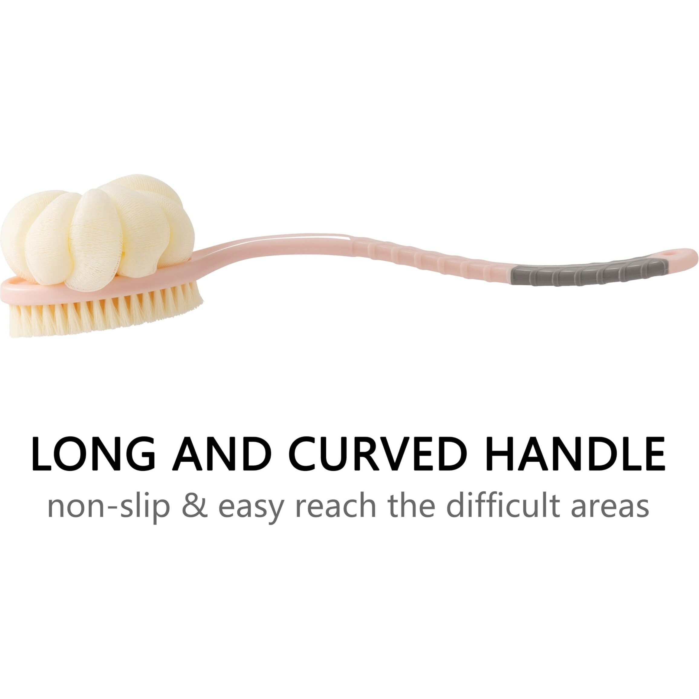 Arswin Shower Body Brush With Bristles And Large Pumpkin Loofah,Back Scrubber Bath Mesh Sponge With Anti-Slip Curved Long Handle For Skin Exfoliating,Massage Bristles For Wet Or Dry,Men Women (Pink)