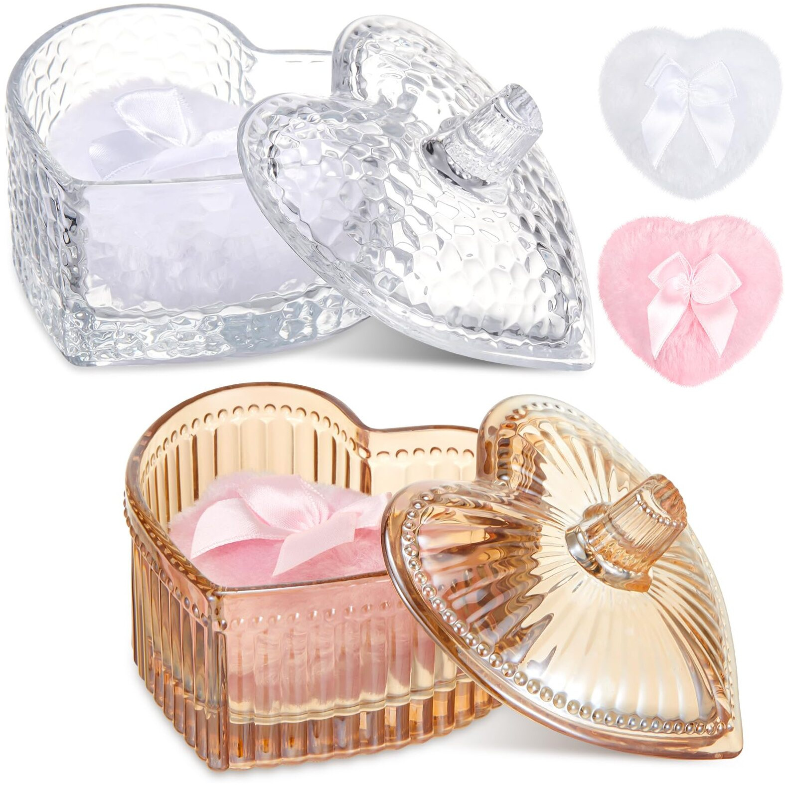 Tioncy 4 Pcs Large Body Powder Puff And Container Extra Large Body Powder Puff Dish Soft Washable Reusable Fluffy Makeup Sponge Wet Dry(Heart,Amber And Clear)