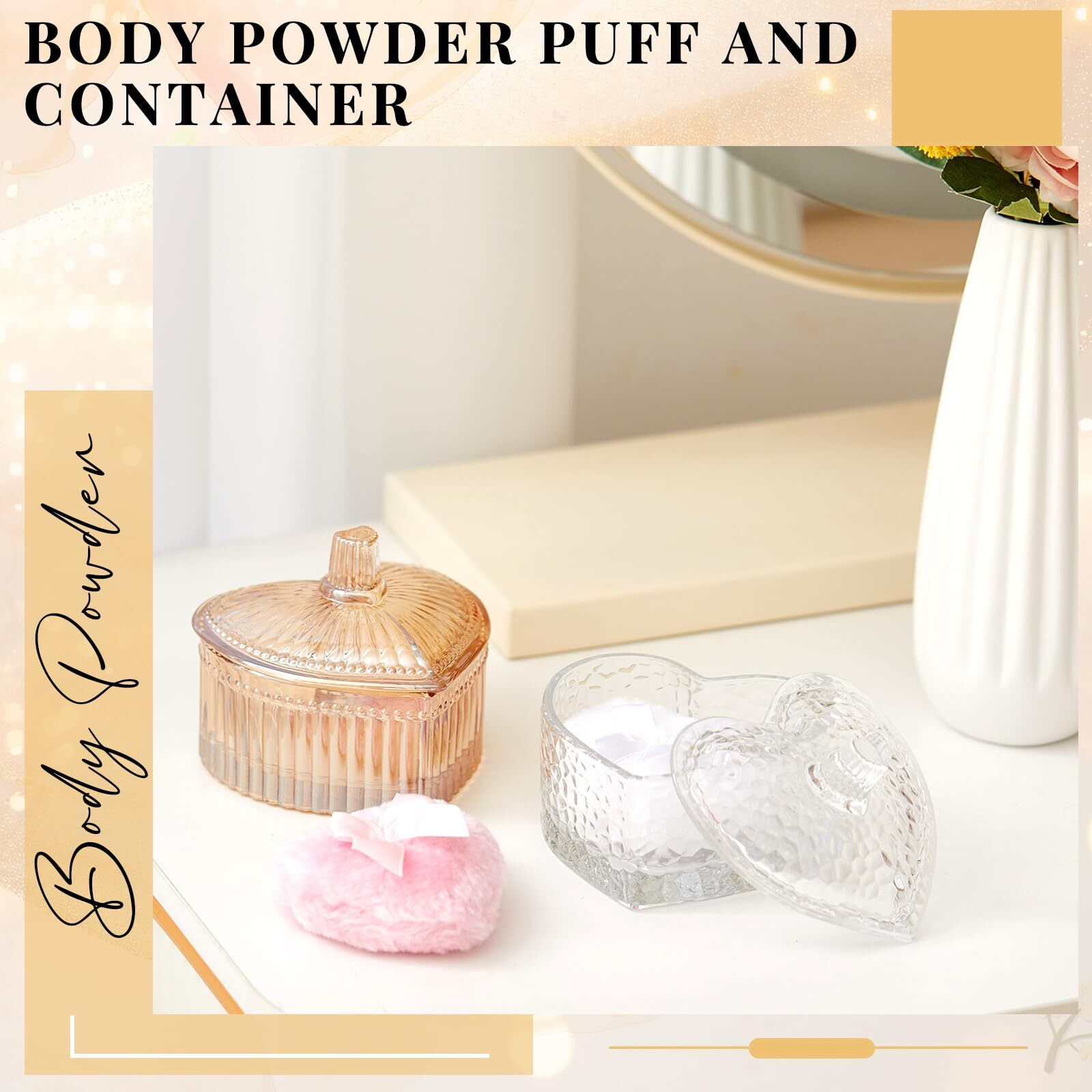 Tioncy 4 Pcs Large Body Powder Puff And Container Extra Large Body Powder Puff Dish Soft Washable Reusable Fluffy Makeup Sponge Wet Dry(Heart,Amber And Clear)