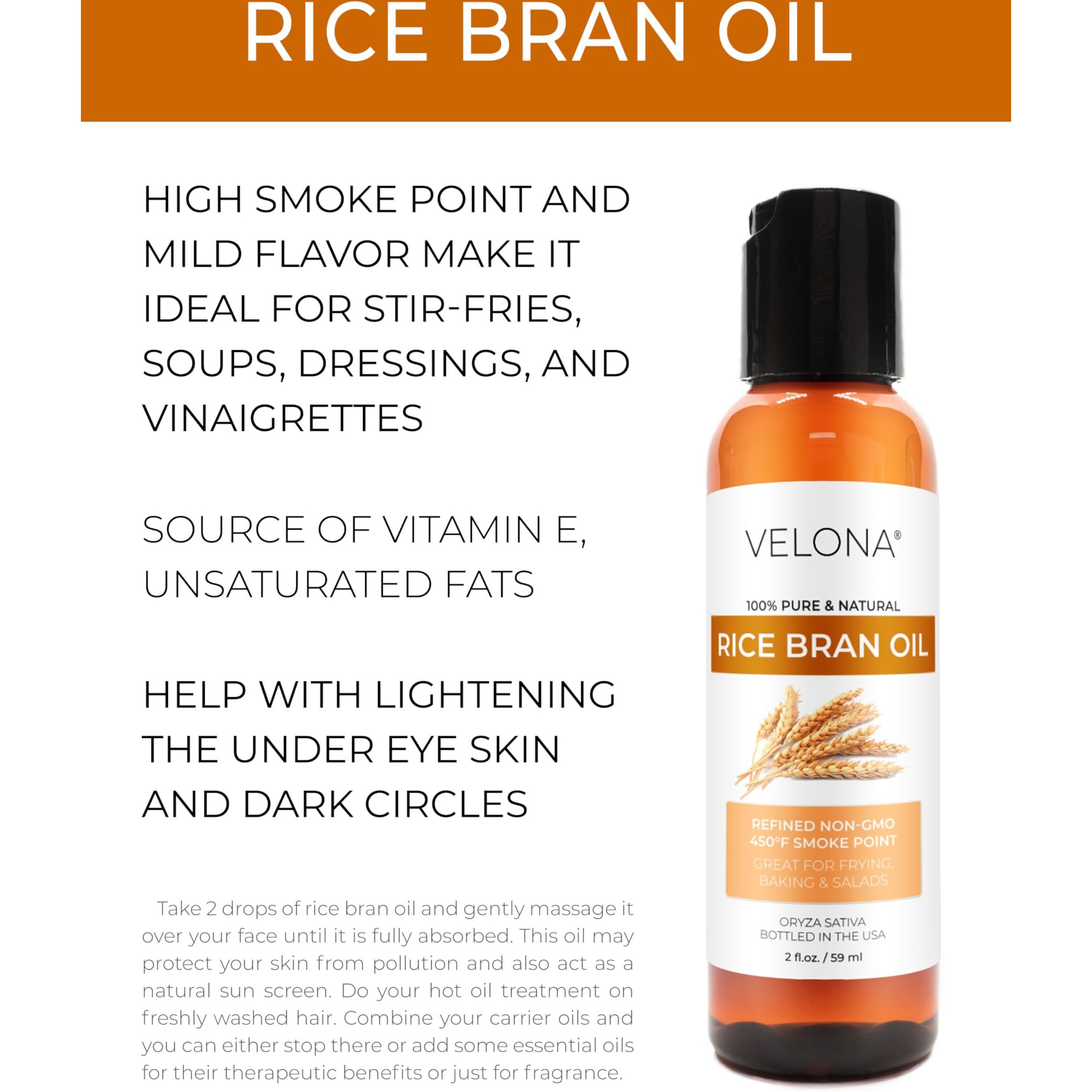 Rice Bran Oil By Velona - 2 Fl Oz | 100% Pure And Natural Carrier Oil | Refined, Cold Pressed | Cooking, Face, Hair, Body & Skin Care | Use Today - Enjoy Results