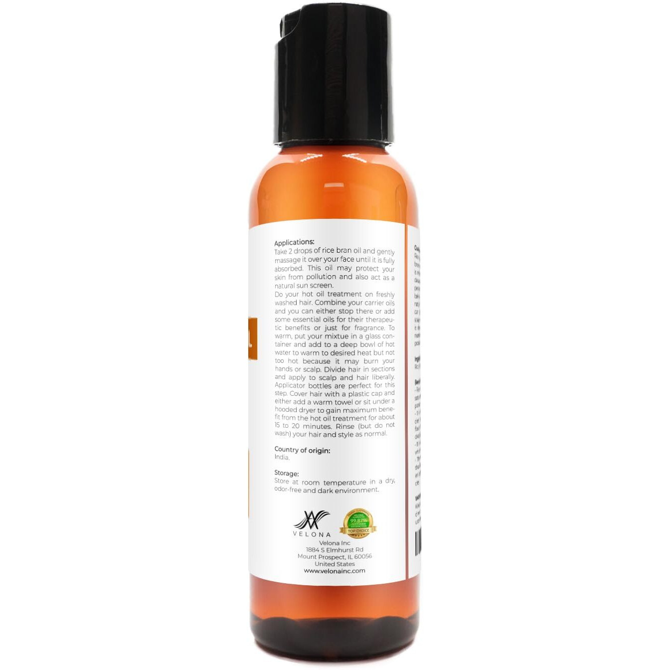 Rice Bran Oil By Velona - 2 Fl Oz | 100% Pure And Natural Carrier Oil | Refined, Cold Pressed | Cooking, Face, Hair, Body & Skin Care | Use Today - Enjoy Results