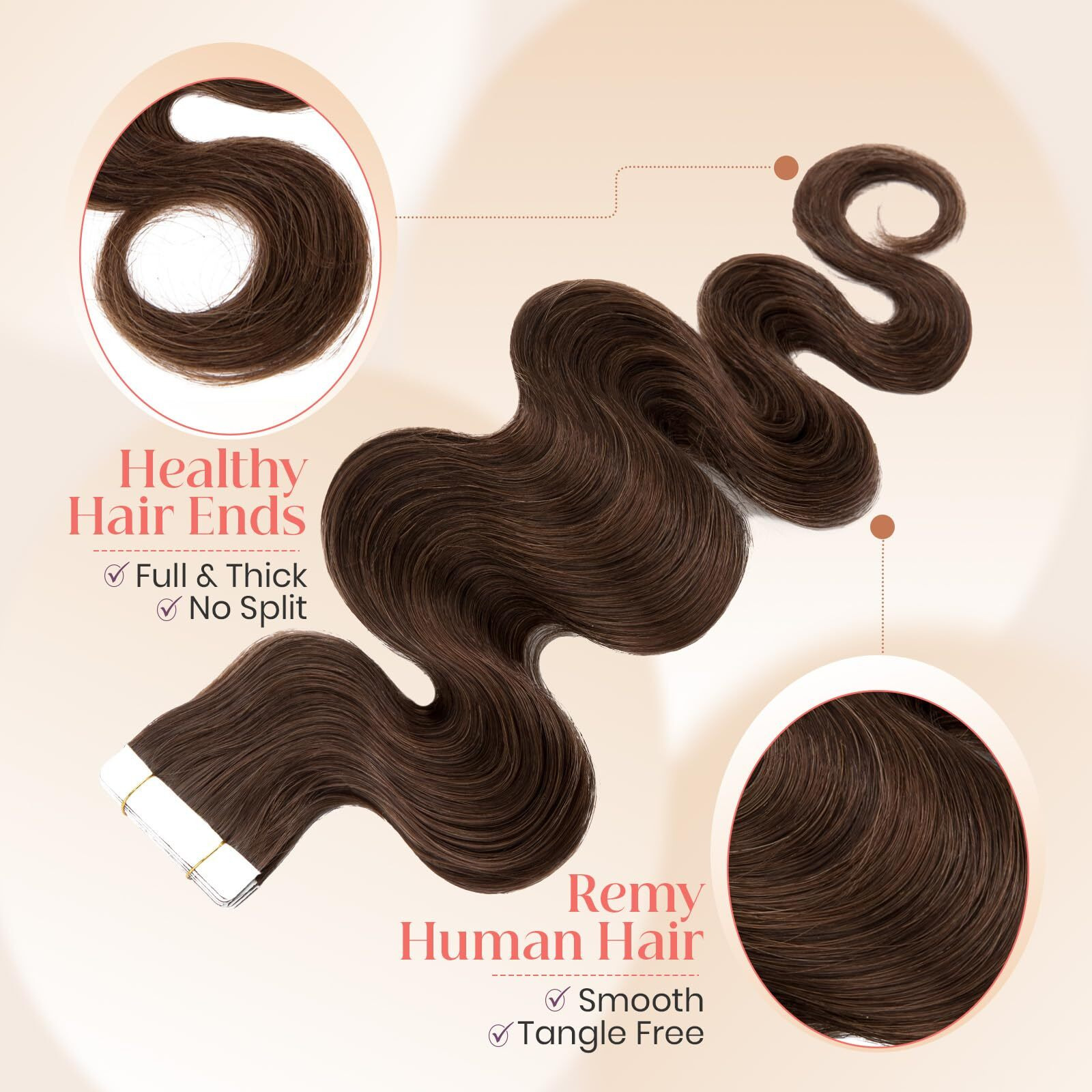Elailite Wavy Tape In Hair Extensions Human Hair Body Wave Real Remy Hairpieces Medium Brown 22 Inch 50G 20Pcs Invisible Seamless Skin Weft Best Tape For Women