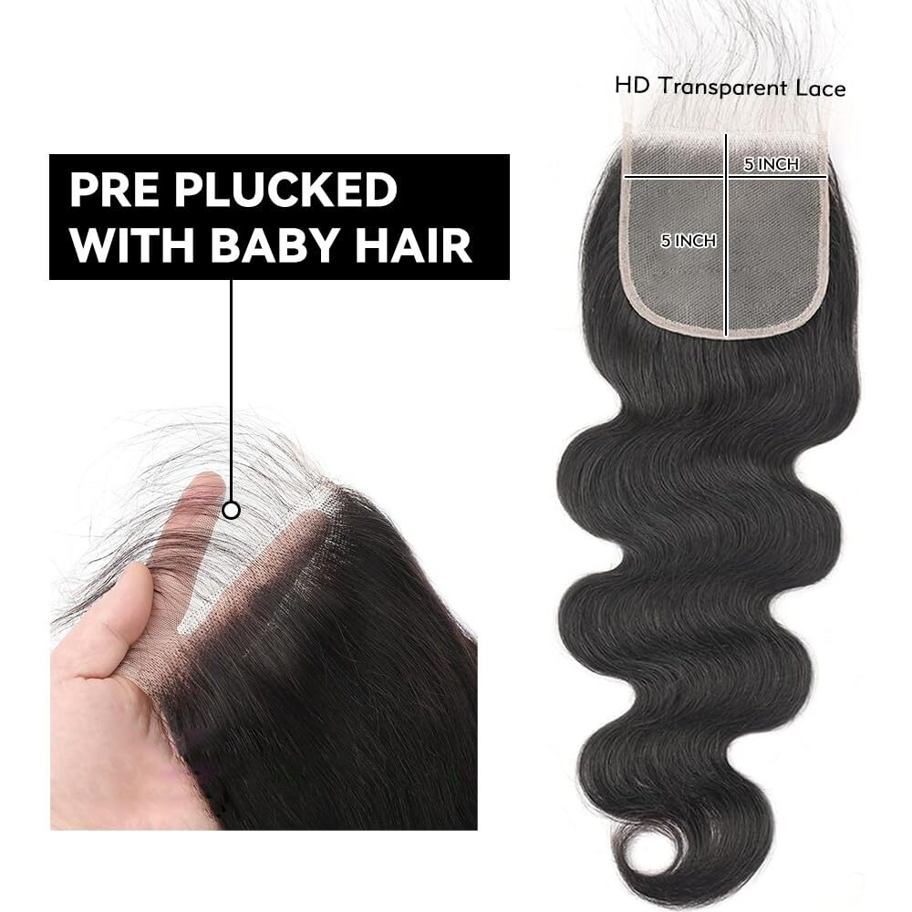 5X5 Lace Closure Body Wave Hd Lace Closure Pre Plucked 100% Brazilian Virgin Human Hair Extensions For Black Women With Baby Hair Free Part Natural Color 8 Inch
