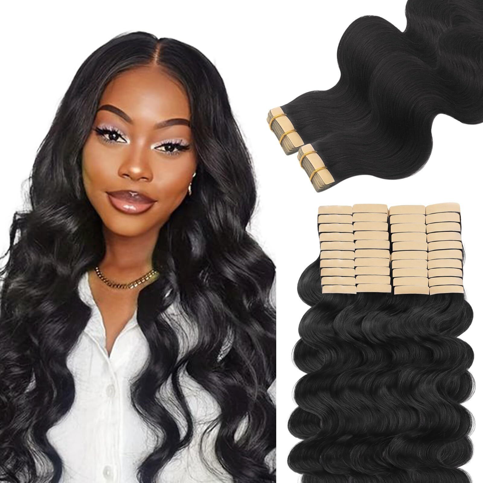 Lashey Tape In Hair Extensions Human Hair 40Pcs 100G Body Wave 14 Inch 100% Real Human Hair Tape Ins For Women Natural Black