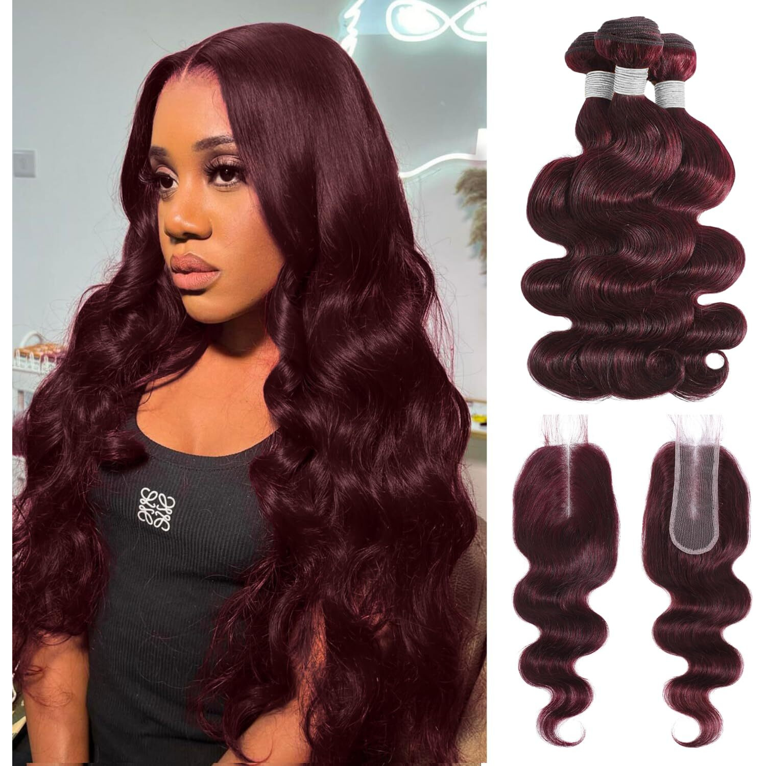 Alher 99J Dark Burgundy Body Wave Bundles With 2X6 Closure, Purplish Wine Red Color 3 Bundles With 2X6 Long Deep Part Closure With Baby Hair, 100% Real Human Hair 14 16 18+ 14 Inch