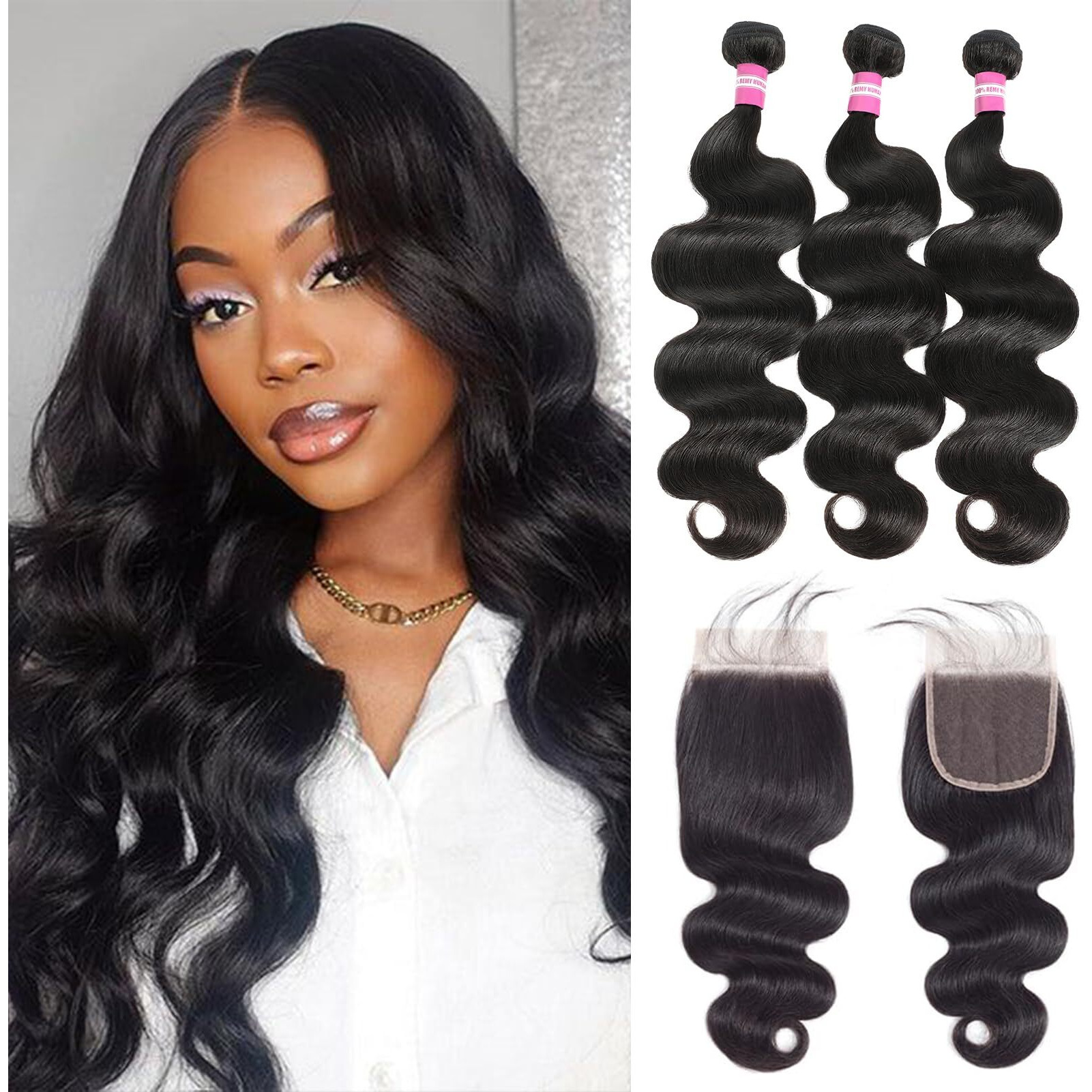 Dmkeep Body Wave Bundles With Closure Human Hair 18 20 22 +18 Inch 100% Brazilian Unprocessed Virgin Hair 3 Bundles With 4X4 Hd Lace Closure Free Part Real Human Hair Extensions Natural Color
