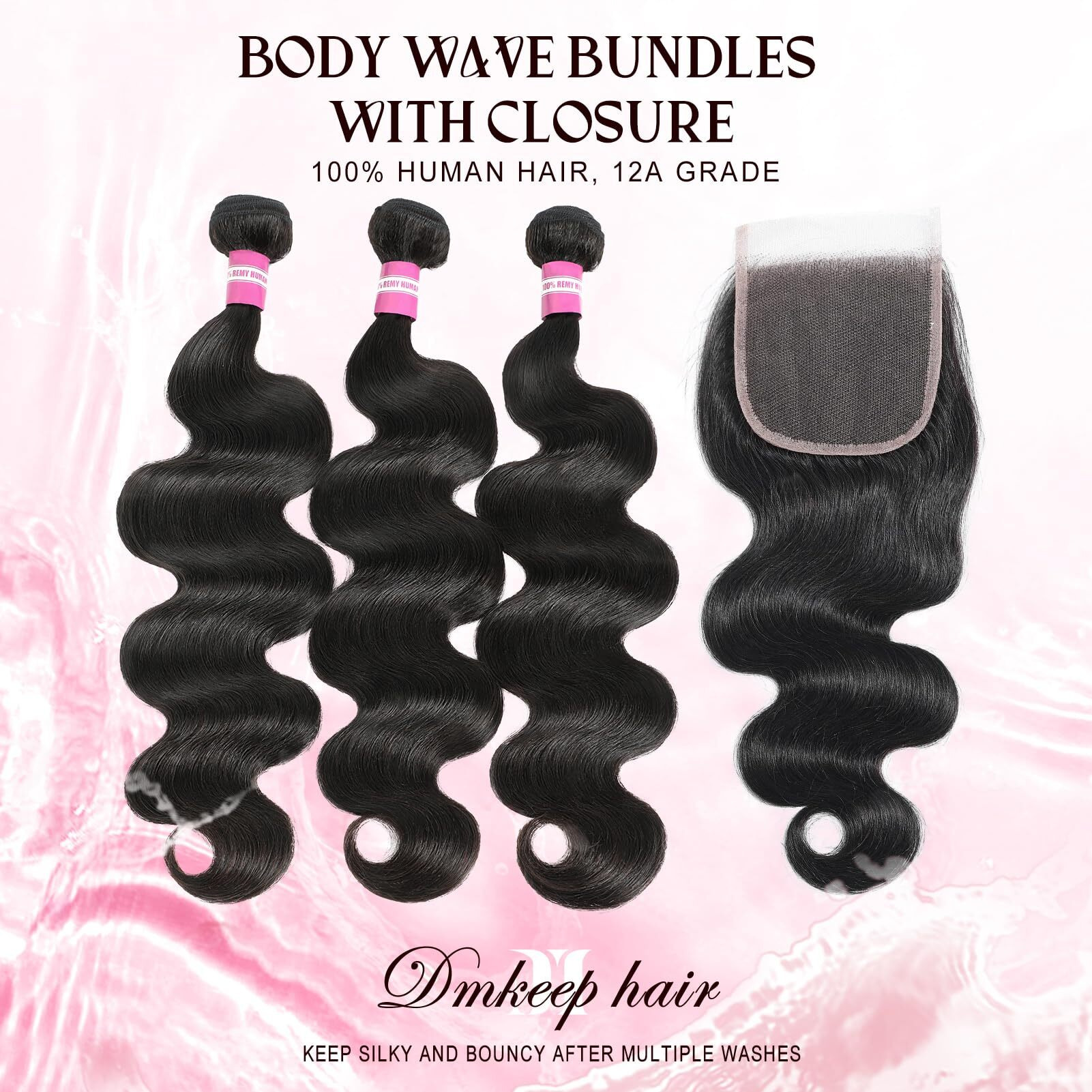 Dmkeep Body Wave Bundles With Closure Human Hair 18 20 22 +18 Inch 100% Brazilian Unprocessed Virgin Hair 3 Bundles With 4X4 Hd Lace Closure Free Part Real Human Hair Extensions Natural Color