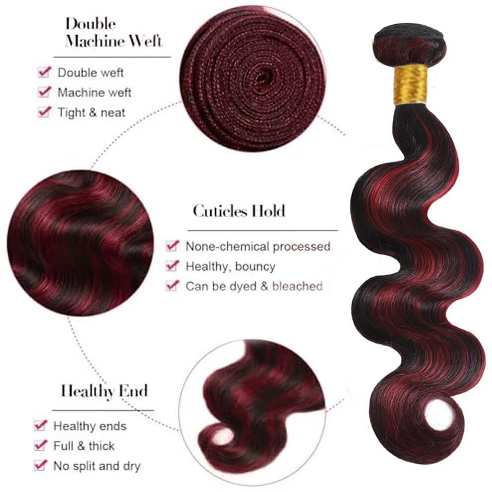 Highlight P1B99J Human Hair Bundles Burgundy Body Wave 3 Bundles 30 32 34 Inch 1B Burgundy Human Hair Bundle Brazilian Virgin 8A Remy Hair Bundle Black Color