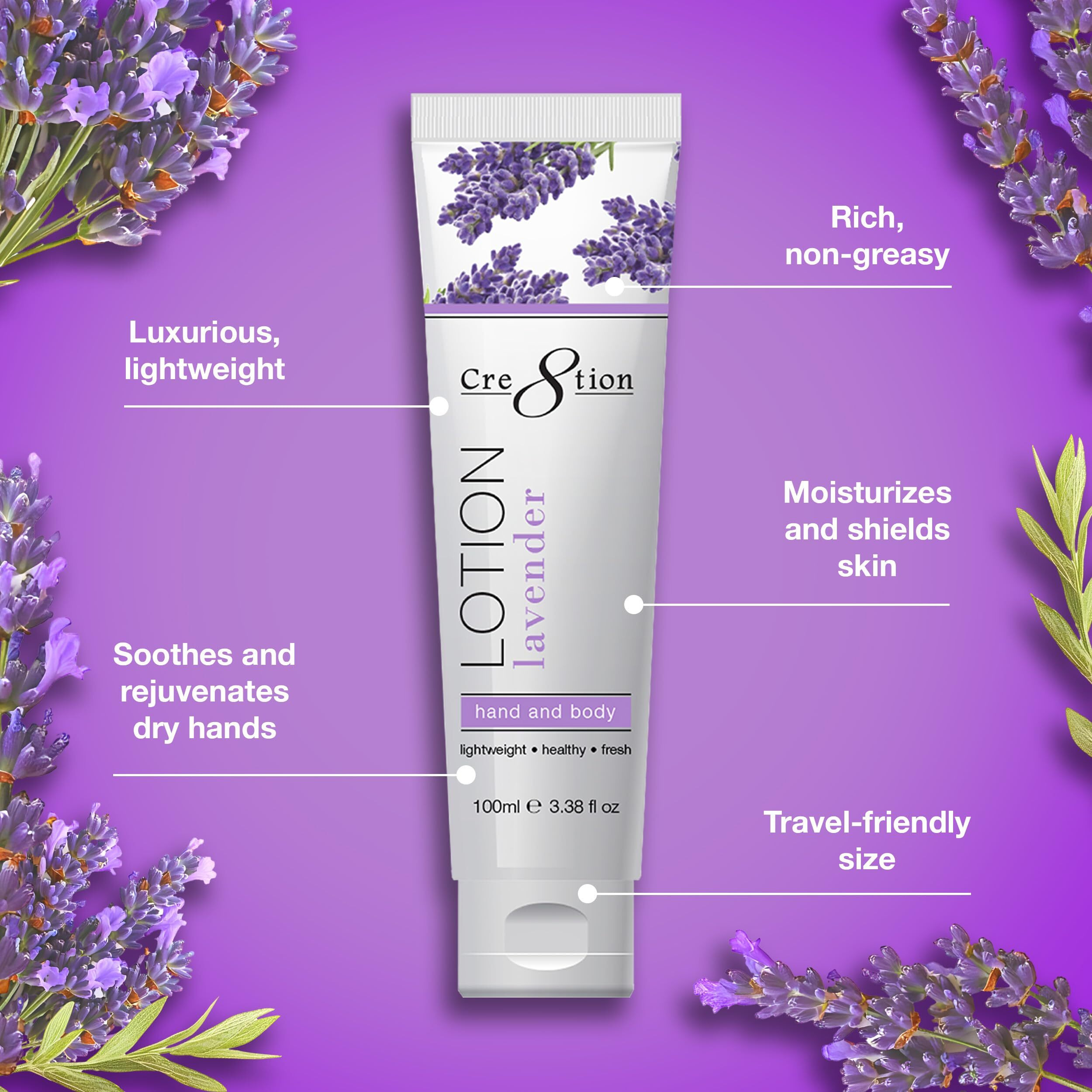 Cre8Tion Spa Lavender Hand & Body Lotion, Luxurious Lightweight Moisturizer For Silky, Smooth Skin, 3.3 Fl Oz