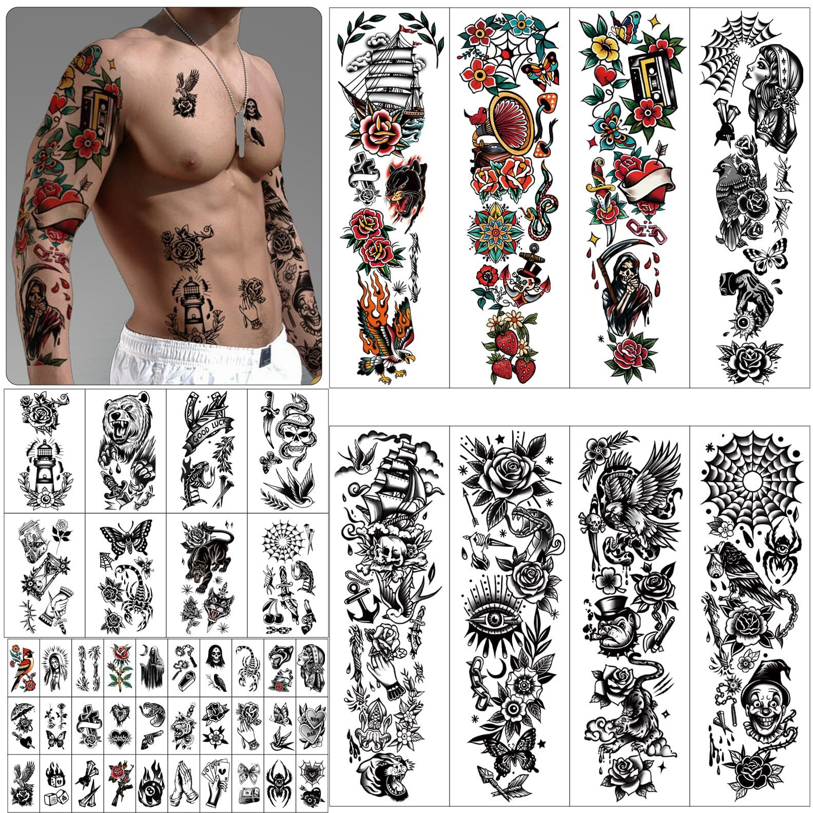 48 Sheets Patchwork Flowers Skull Temporary Tattoo For Men Women, 8 Full Arm Tribal Old School Tiger Bear Fake Tattoos, 10 Half Arm Splice Parrot Tattoos, 30 Tiny Body Tattoos Stickers Realistic