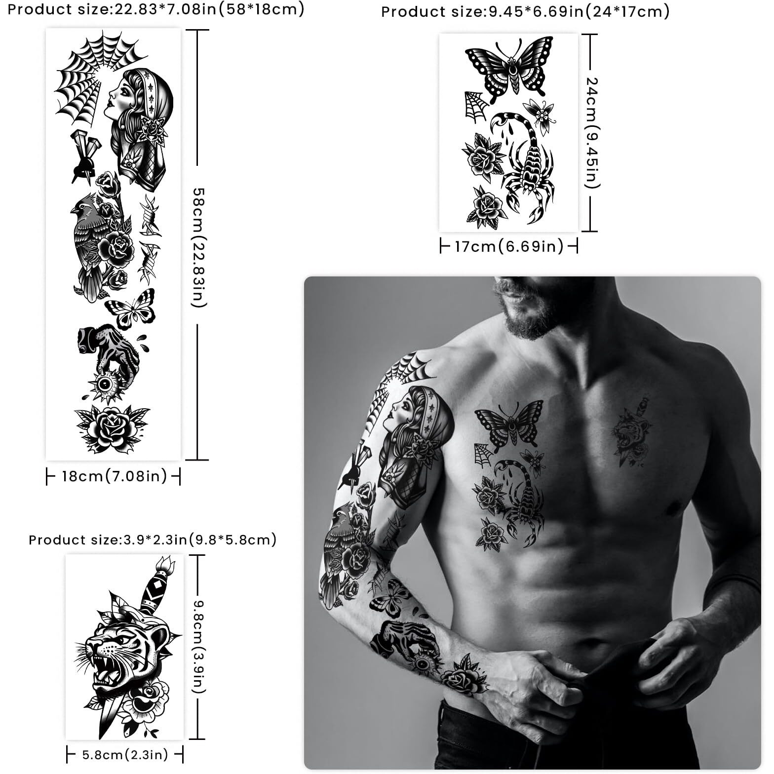 48 Sheets Patchwork Flowers Skull Temporary Tattoo For Men Women, 8 Full Arm Tribal Old School Tiger Bear Fake Tattoos, 10 Half Arm Splice Parrot Tattoos, 30 Tiny Body Tattoos Stickers Realistic