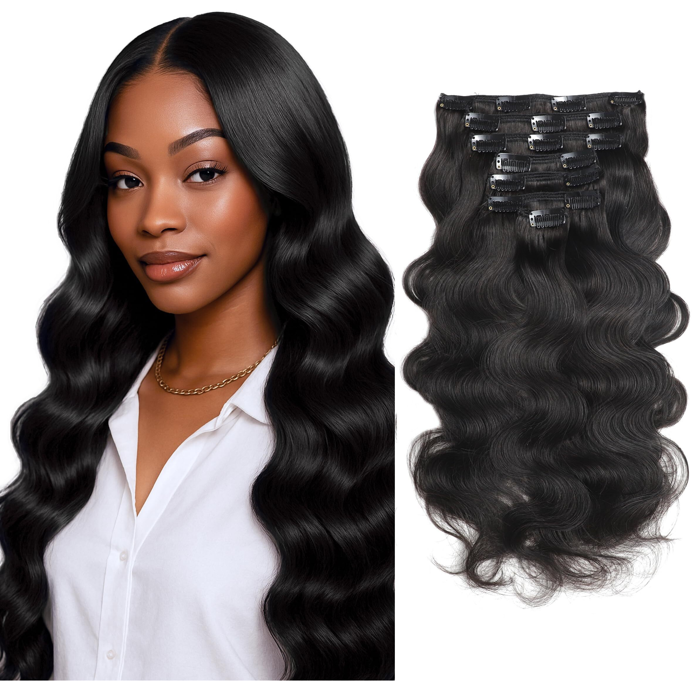 Anrosa Body Wave Clip In Hair Extensions Real Human Hair Clip 14 Inch 7Pcs 120G Human Hair Extensions Clip Ins Natural Black 1B