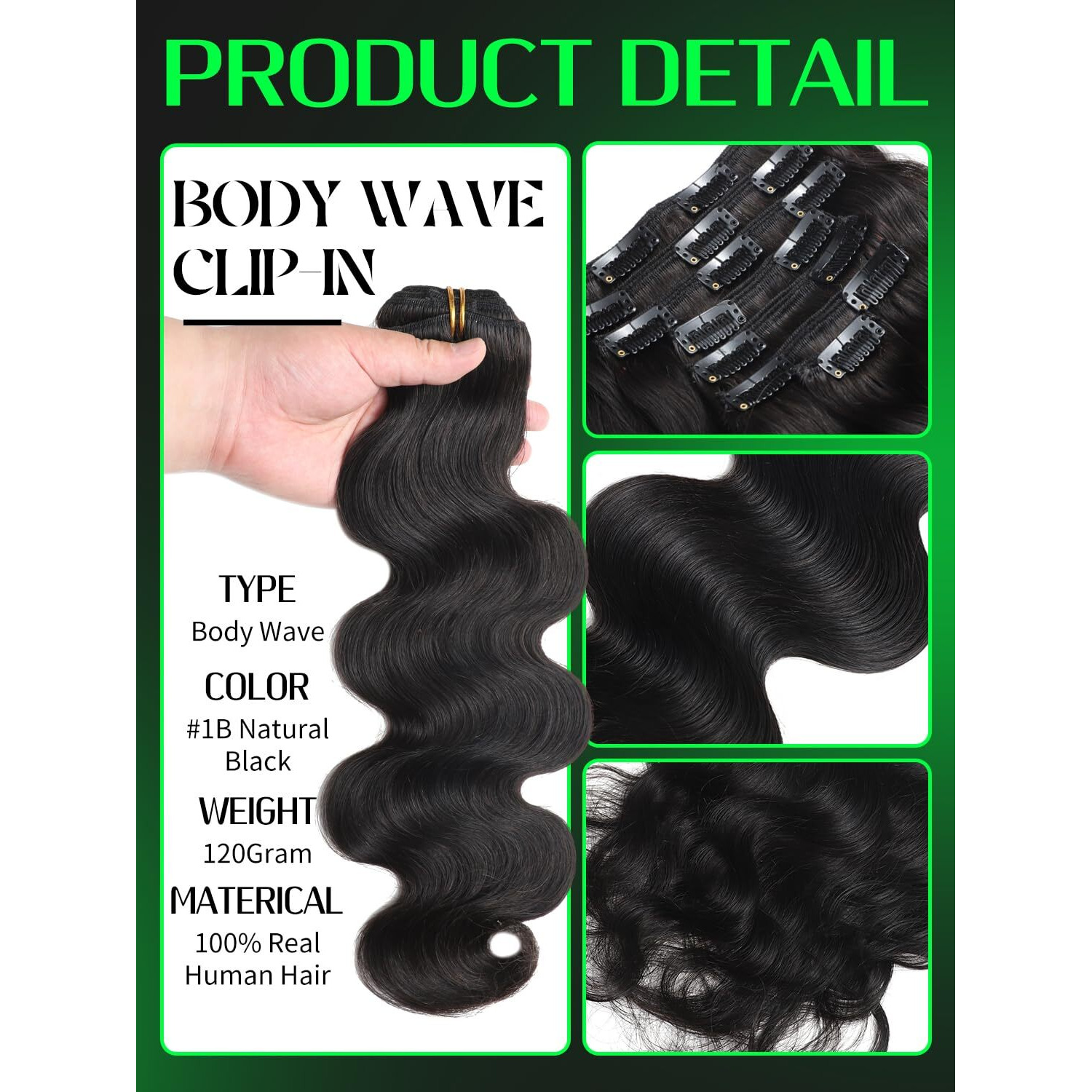 Anrosa Body Wave Clip In Hair Extensions Real Human Hair Clip 14 Inch 7Pcs 120G Human Hair Extensions Clip Ins Natural Black 1B