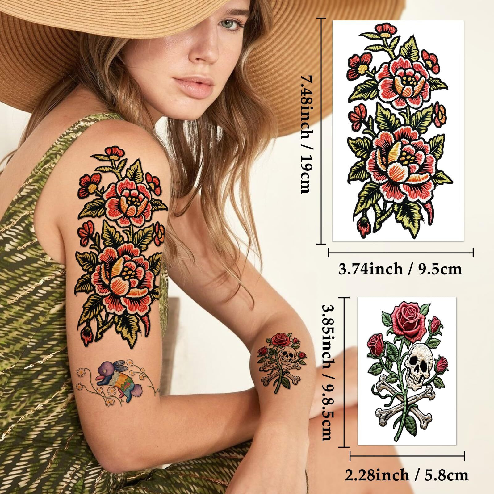 47 Sheets Flower Temporary Tattoos Adult Kids Women Girl Embroidery Style Skull Cross Lion Snake Rose Butterfly Phoenix Bird Swallow Tree Realistic Temp Fake Tattoos Arm Shoulder Face Body Art Sticker