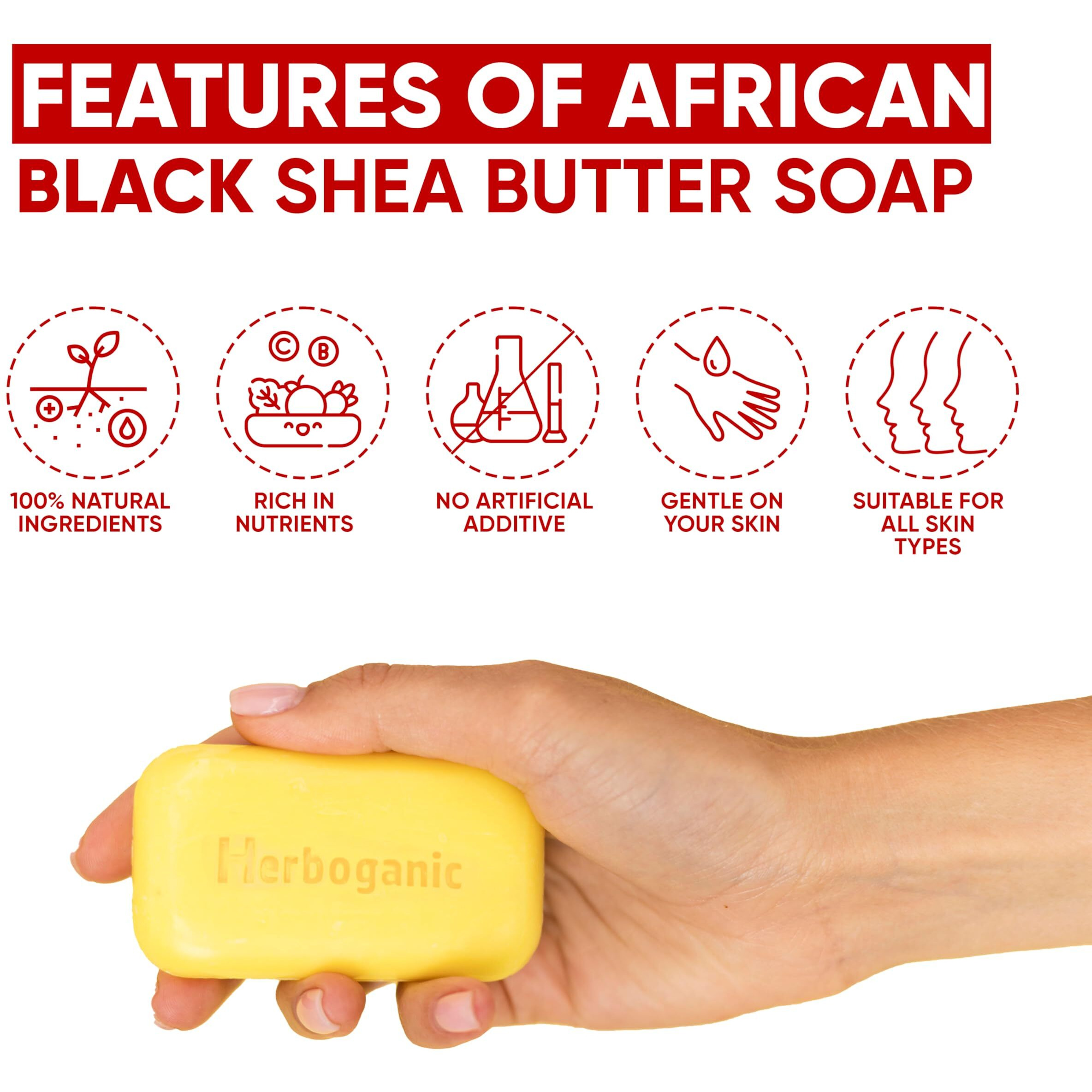 Herboganic Africal Black Soap With Shea Butter Herbal Soap | Pack Of 3 Of 5Oz Soap Bar | Natural Bar Soap For Face And Body | Hydrating And Nourishing | Suitable For Men And Women
