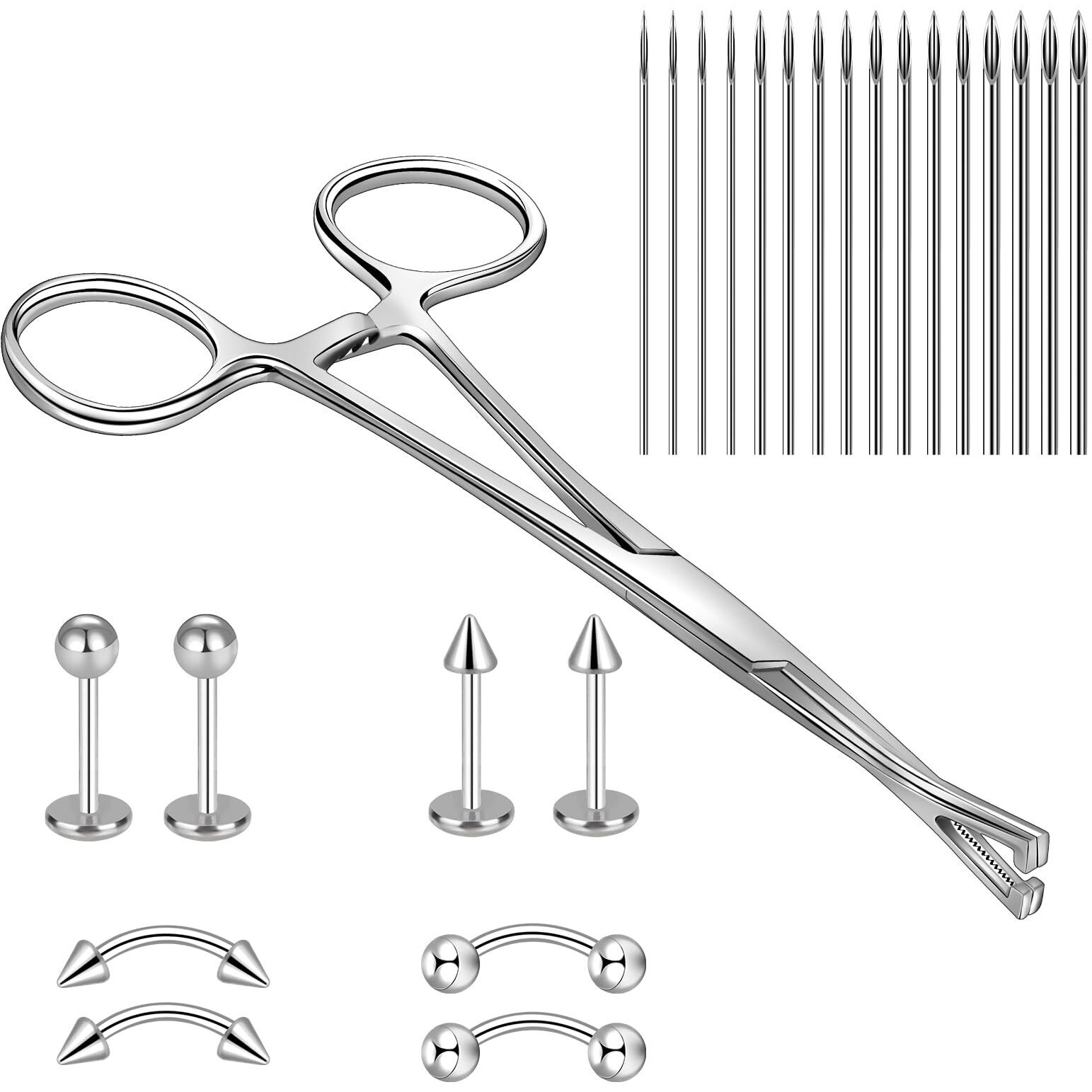 Winsenet Body Septum Piercing Kit 25 Pcs Peirce Kits Include Septum Forceps Clamp Pliers 16 Pcs Stainless Steel Piercing Needles 8 Pcs Piercing Jewelry For Ear Lip Belly Navel Tongue