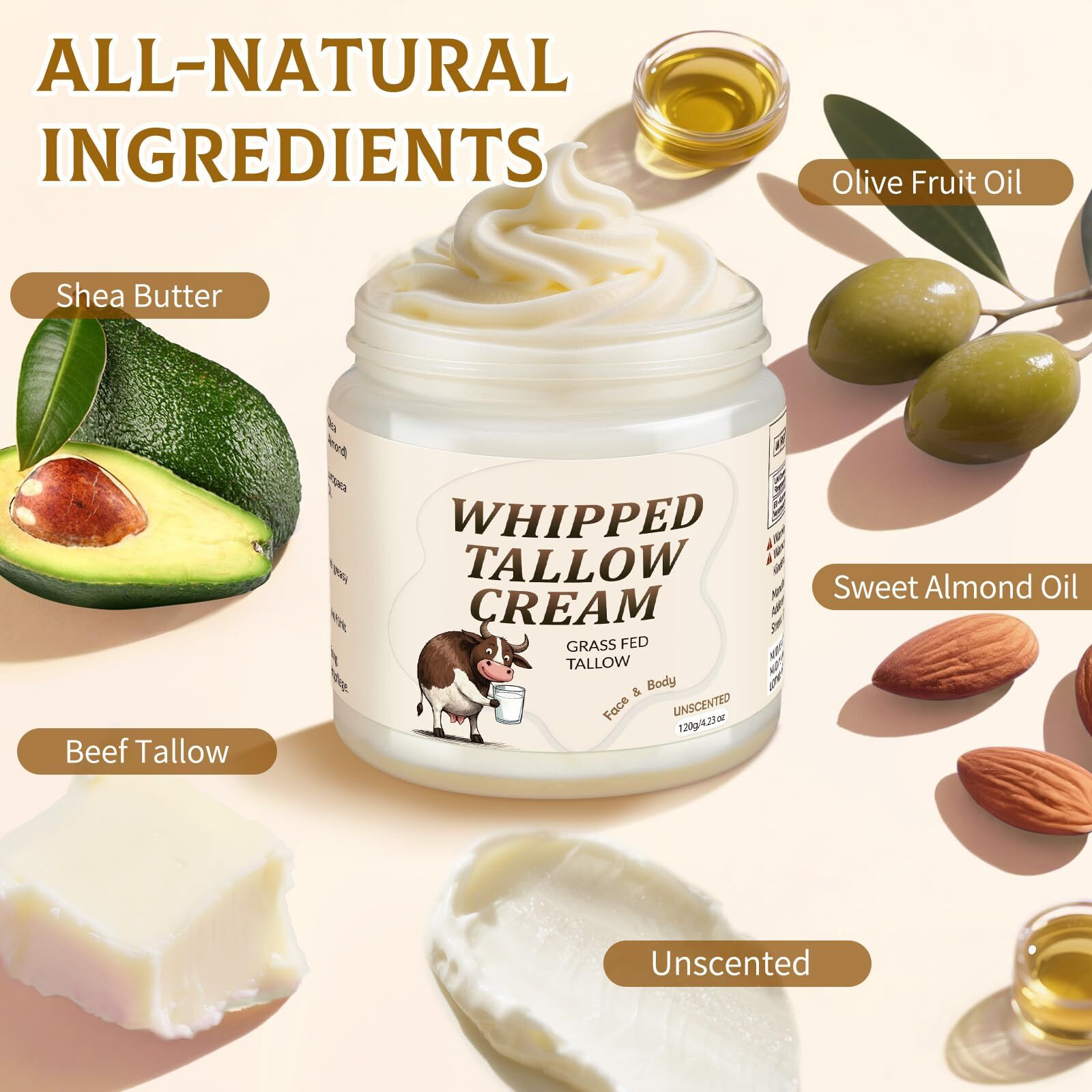 Juanchi 100% Grass Fed Beef Tallow For Skin, 4.2Oz Organic Beef Tallow Moisturizer, Handmade Whipped Beef Tallow For Face & Body, Natural Tallow Cream For Dry & Sensitive Skin (Unscented)