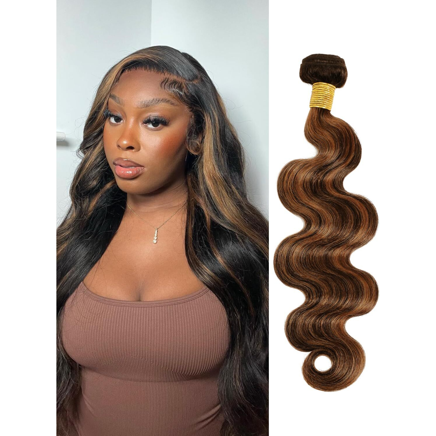 Anmetan Highlight Honey Blonde Bundles Body Wave Human Hair 18 In, Balayage Black And Brown Colored F1B/30 Single Wavy Bundle Double Weft Soft And Thick 100% Unprocessed Brazilian Virgin 12A Remy Hair