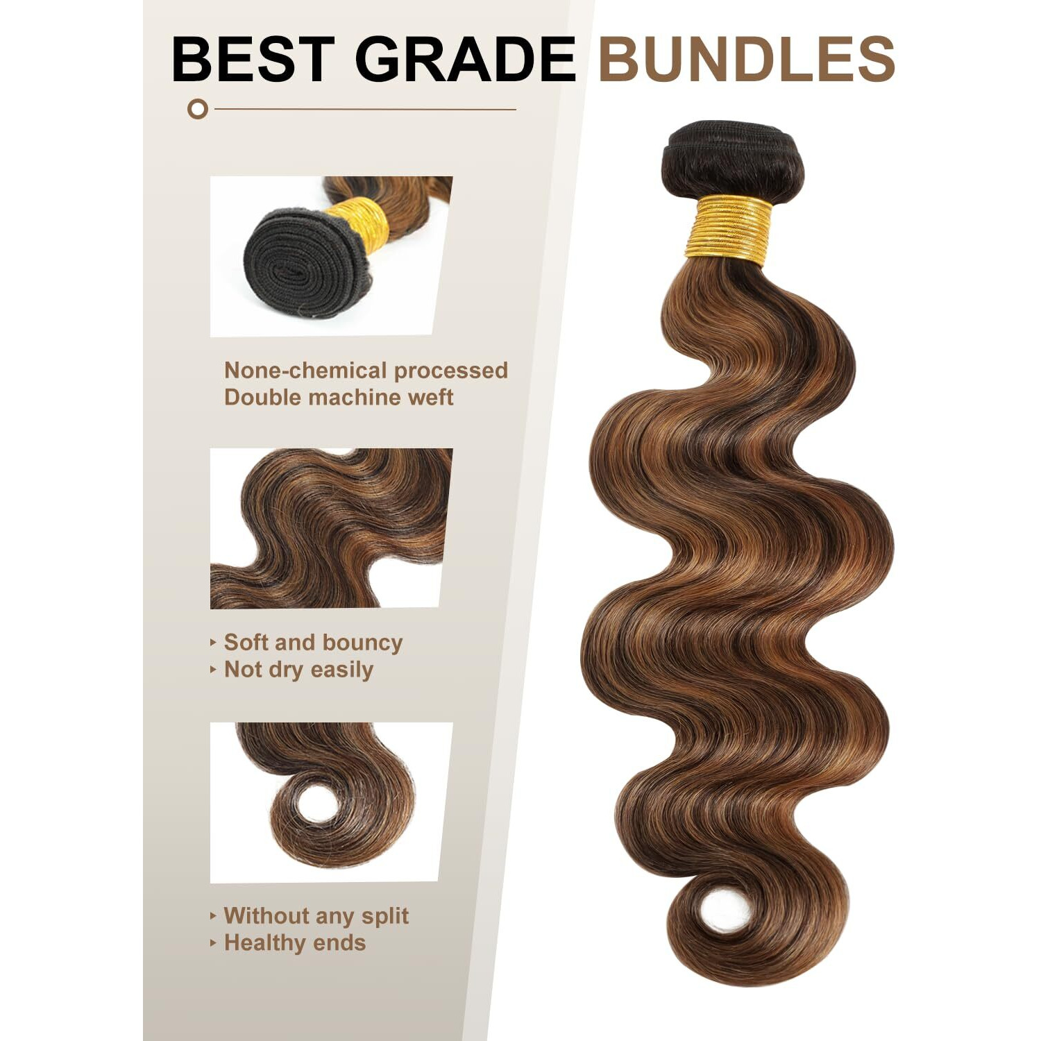 Anmetan Highlight Honey Blonde Bundles Body Wave Human Hair 18 In, Balayage Black And Brown Colored F1B/30 Single Wavy Bundle Double Weft Soft And Thick 100% Unprocessed Brazilian Virgin 12A Remy Hair