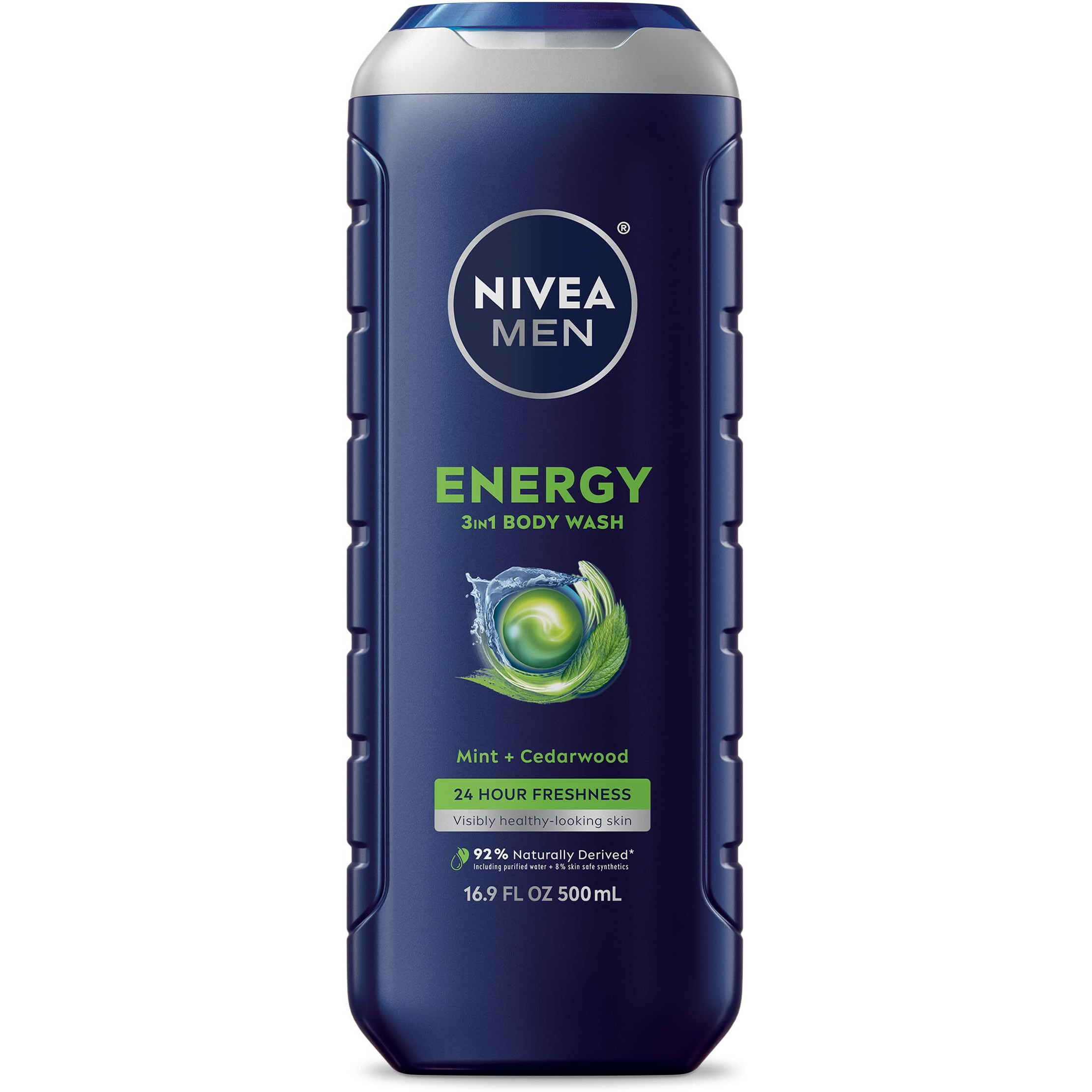 Nivea Men Energy Body Wash With Mint Extract, Cedarwood And Mint Scent, 3-In-1 Men's Body Wash, Face And Hair, Paraben Free, Vegan Formula, 16.9 Fl Oz Bottle