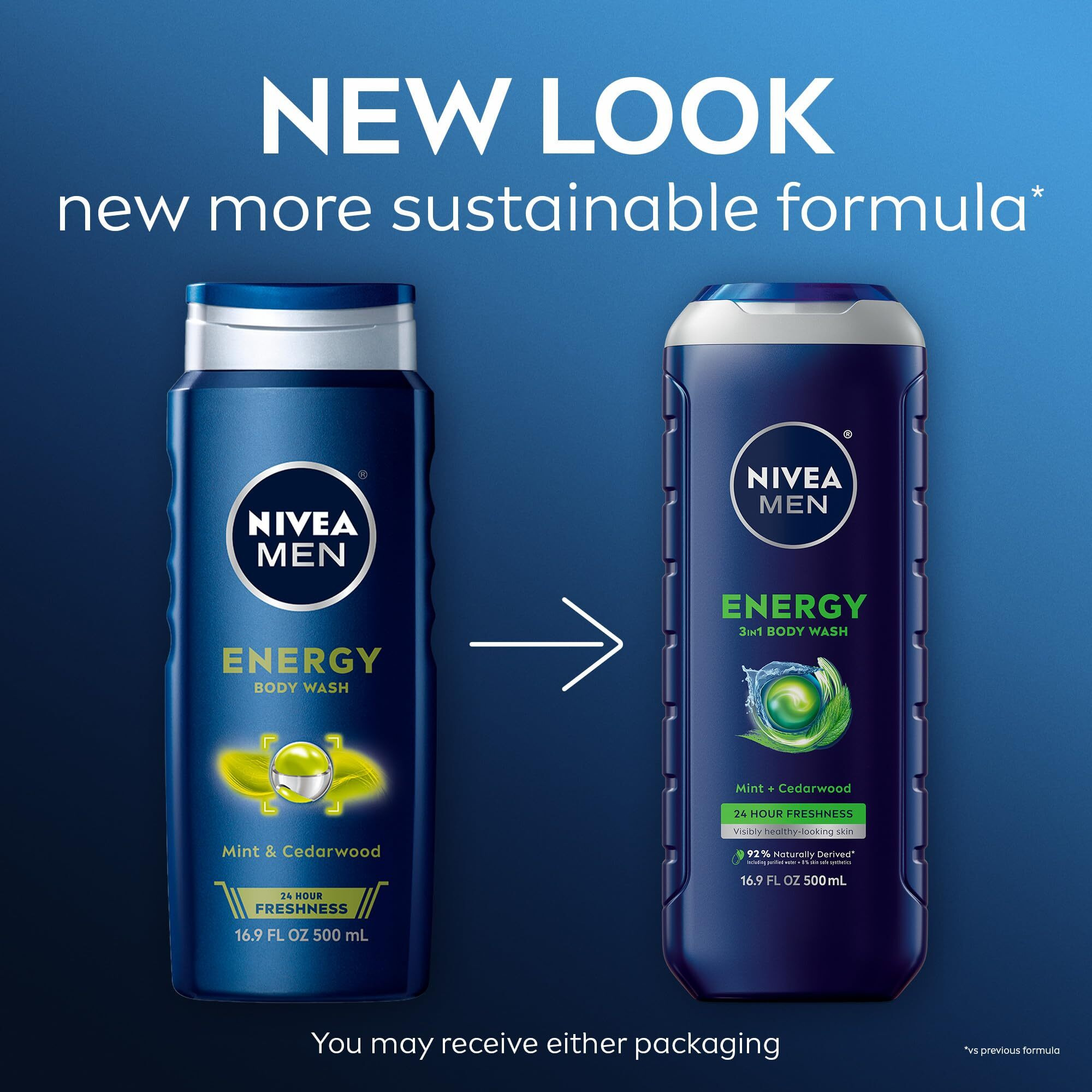 Nivea Men Energy Body Wash With Mint Extract, Cedarwood And Mint Scent, 3-In-1 Men's Body Wash, Face And Hair, Paraben Free, Vegan Formula, 16.9 Fl Oz Bottle