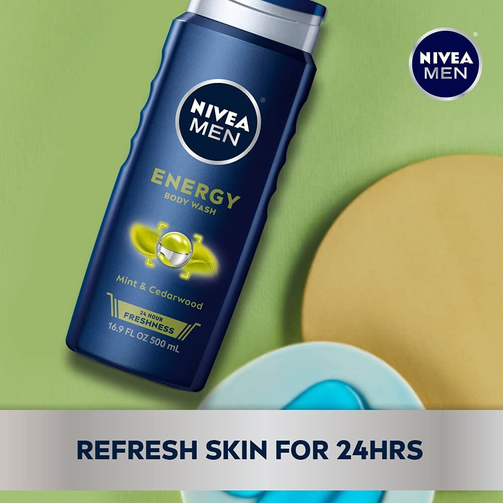 Nivea Men Energy Body Wash With Mint Extract, Cedarwood And Mint Scent, 3-In-1 Men's Body Wash, Face And Hair, Paraben Free, Vegan Formula, 16.9 Fl Oz Bottle