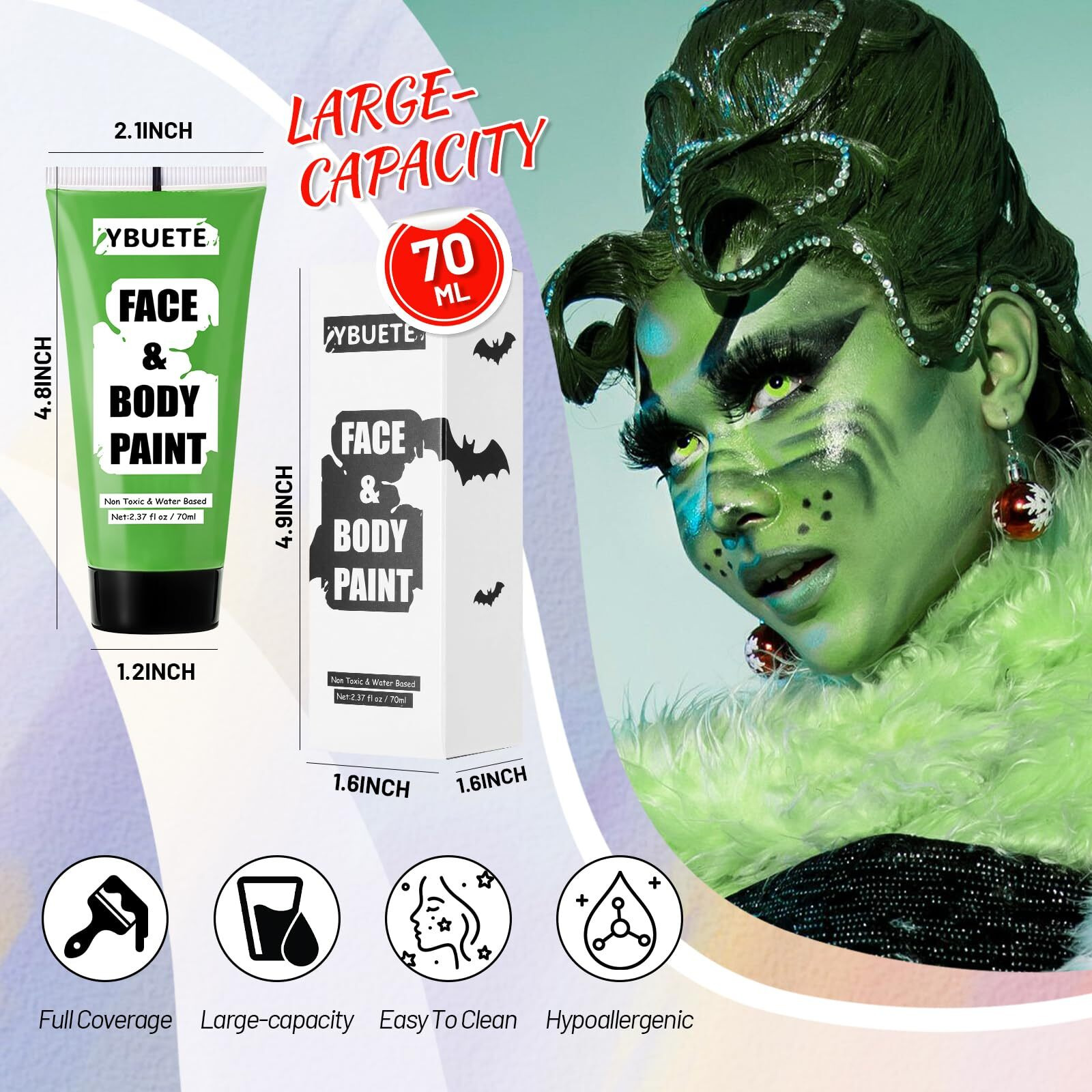 Ybuete Light Green Water Based Face Body Paint For St. Patricks Day,2.37 Oz Large Tube Full Coverage Face Paint For Cosplay Monster Hulk Witch,Washable Green Body Painting Adult Halloween Sfx Makeup