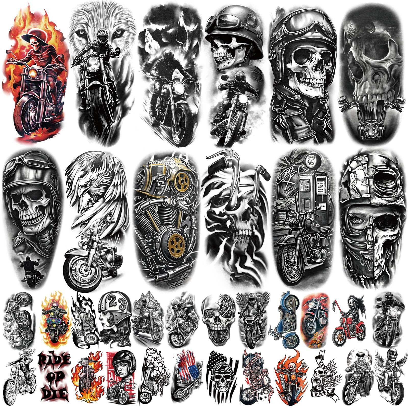 77 Sheets Motorcycle Temporary Tattoo For Women Men, 17 Sheets Half Arm Large Wing Skull Flowers Fake Tattoos, 60 Sheets Black Tiny For Adult Kids Party Body Tattoos Stickers Realistic