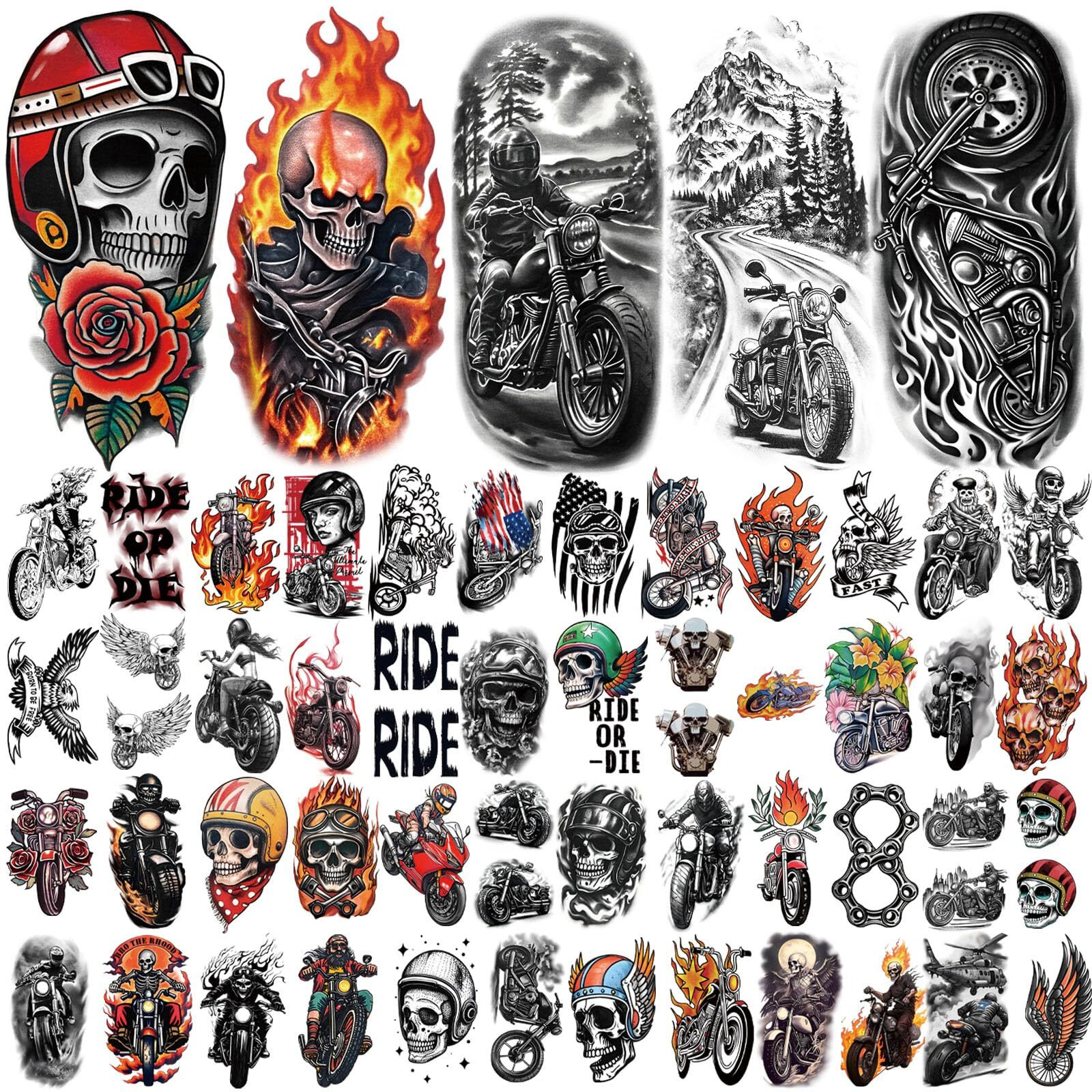 77 Sheets Motorcycle Temporary Tattoo For Women Men, 17 Sheets Half Arm Large Wing Skull Flowers Fake Tattoos, 60 Sheets Black Tiny For Adult Kids Party Body Tattoos Stickers Realistic