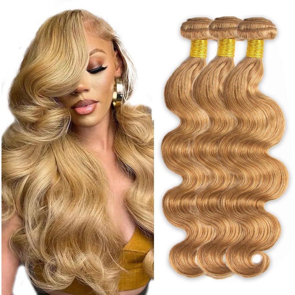 27 Blonde Bundles Human Hair Body Wave Bundles 28 30 32 Inch 3 Bundle Unprocessed Brazilian Virgin Hair Honey Blonde Body Wave Human Hair Extensions 50 Gram Per Bundle