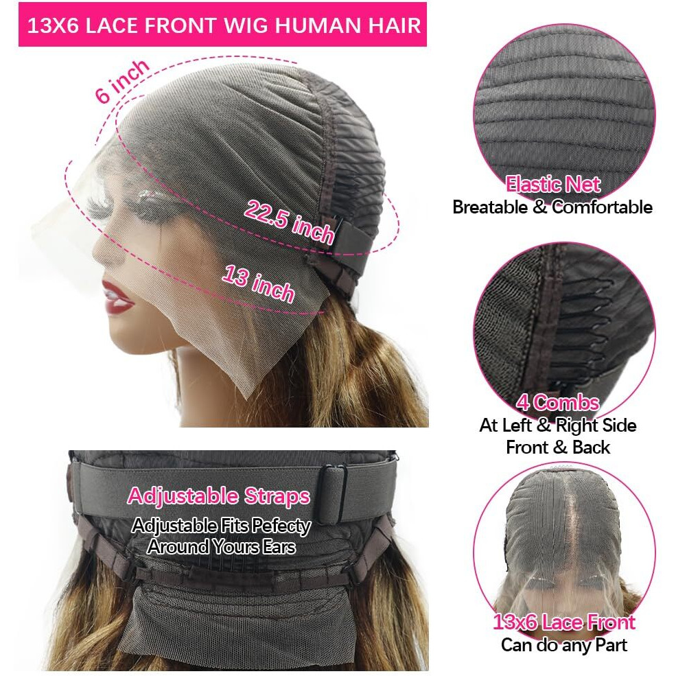 Ombre Honey Blonde Lace Front Wig Human Hair 13X6 Highlight Tb/4/27 Hd Transparent Lace Front Wigs Human Hair 250 Density Body Wave Glueless Front Wigs For Women(24Inch)