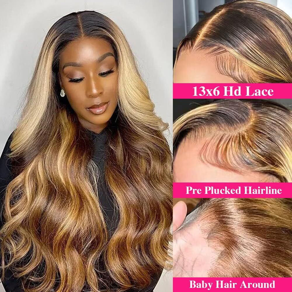 Ombre Honey Blonde Lace Front Wig Human Hair 13X6 Highlight Tb/4/27 Hd Transparent Lace Front Wigs Human Hair 250 Density Body Wave Glueless Front Wigs For Women(24Inch)