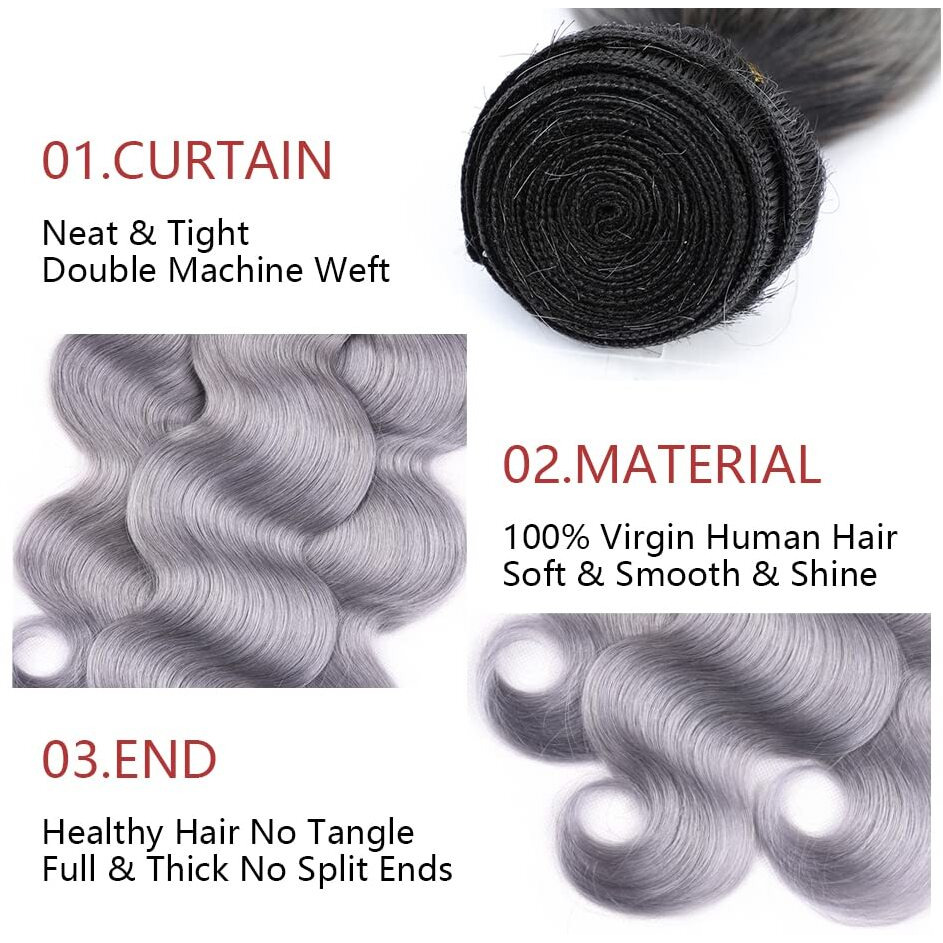 Grey Body Wave Bundles Ombre Human Hair Bundle Tow Tone Black To Grey Bundles 100% Unprocessed Virgin Hair Extensions 20 22 24 Inch For Women