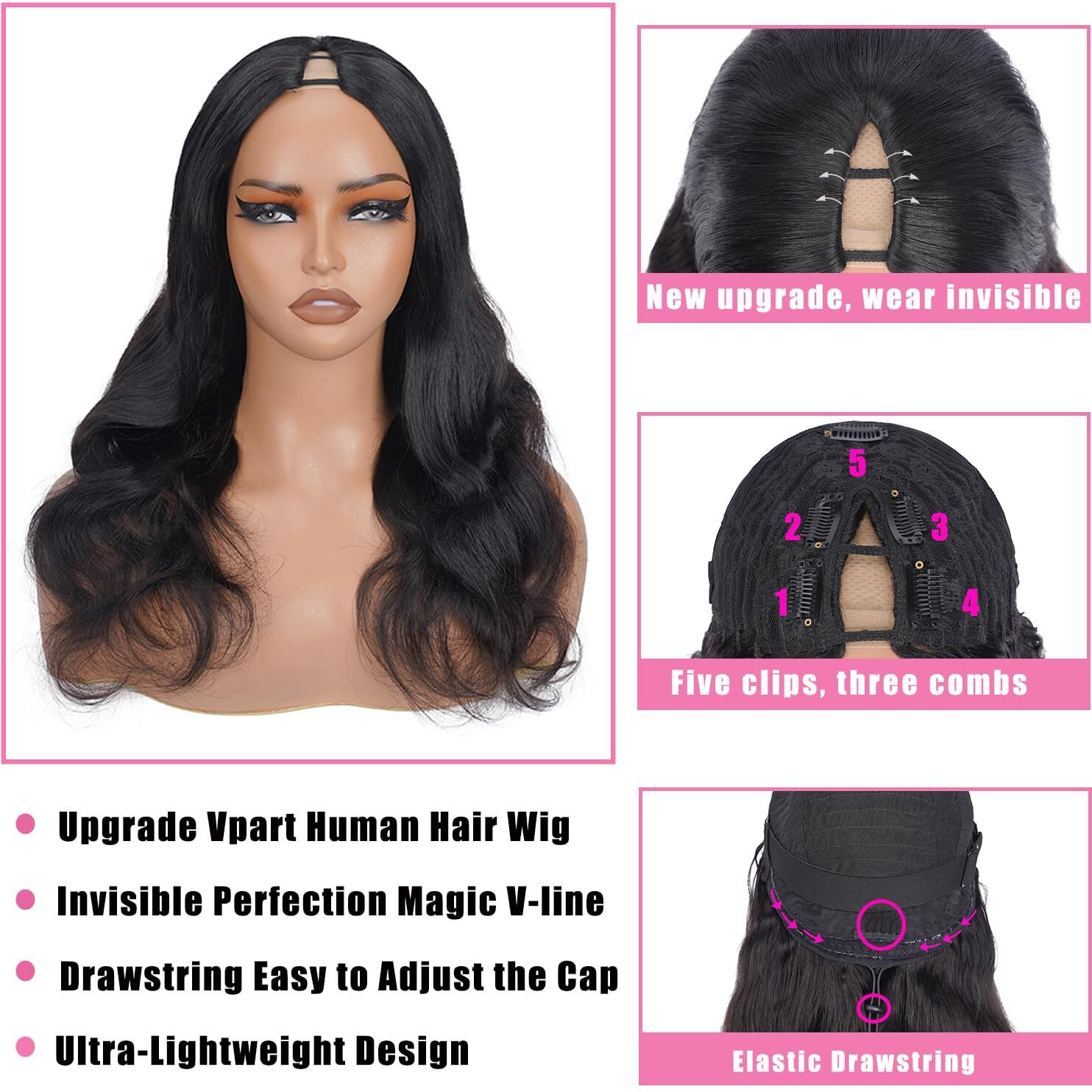 V Part Wig Human Hair Body Wave Upgrade Glueless Wigs Human Hair U Part Half Wigs With Clip In Vpart Human Hair Wig Beginner Friendly Real Hair Wigs For Women Nutural Middle Part 180% Density 16Inch