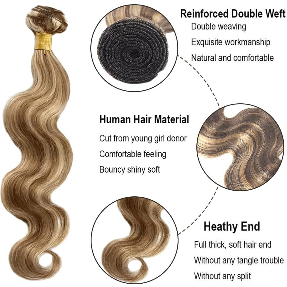 Highlight Bundle P4613 Body Wave Human Hair Bundles 8A Grade Ombre Brown Bundle Two Tone Chocolate Brown Mixed With 613 Body Wave 3 Bundles 24 26 28 Inch 300G
