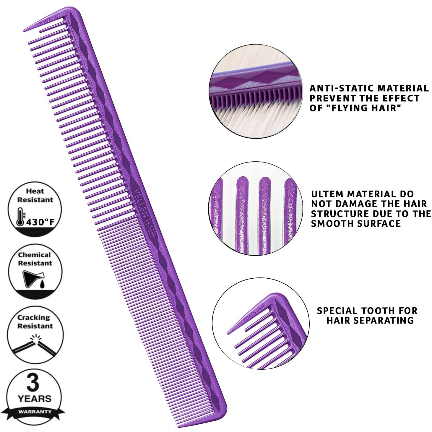 Vellen Hair Ultimate Cutting Comb For Men Women, Unbreakable Pei Material 430F Heat Resistant Barber Combs For Hairdressers , Combs Fine Teeth And Extra Wide Tooth Combs For Hair Stylist , 5-Pack